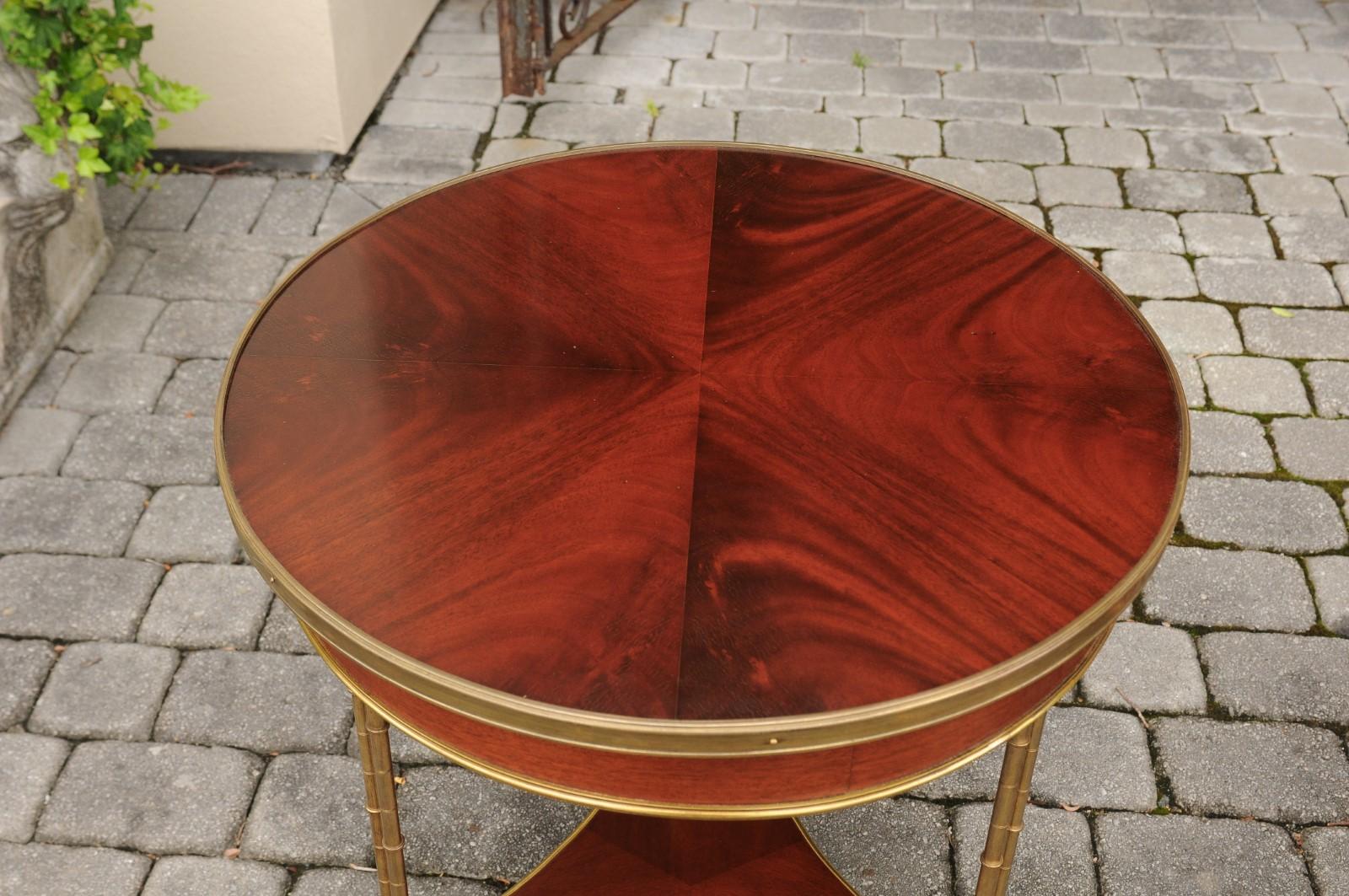 Pair of French Vintage Quarter-Veneered Mahogany and Brass Circular Tables 3