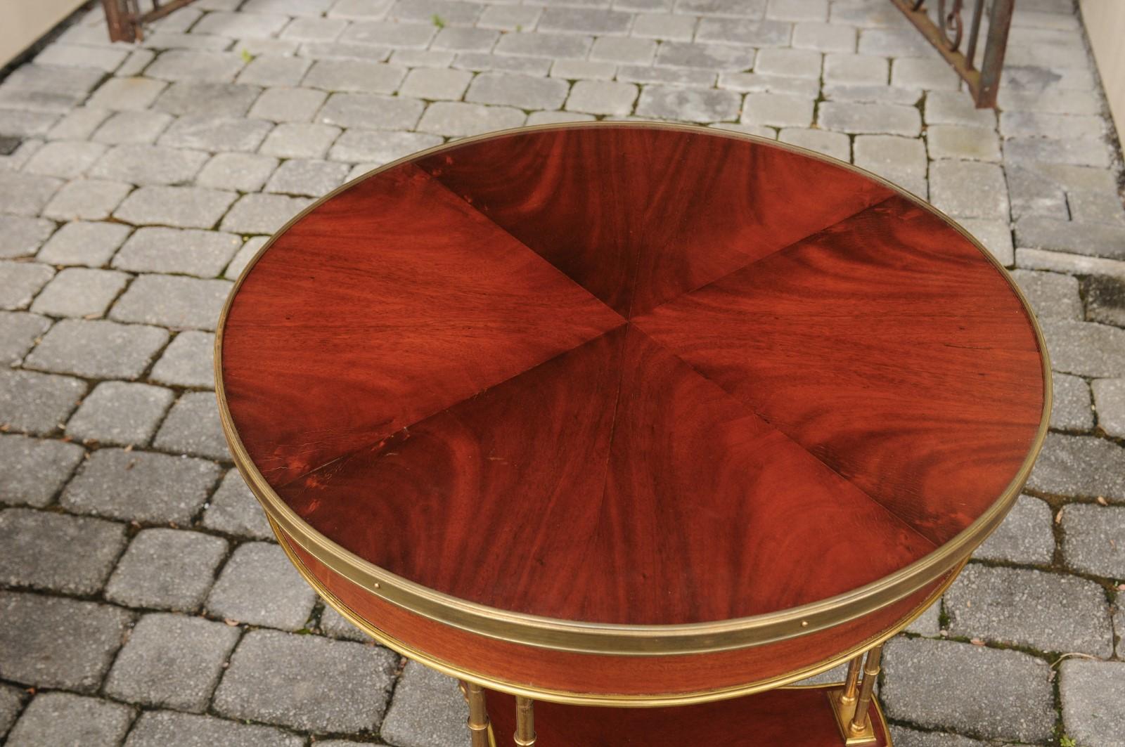 Pair of French Vintage Quarter-Veneered Mahogany and Brass Circular Tables 4