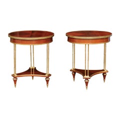Pair of French Vintage Quarter-Veneered Mahogany and Brass Circular Tables