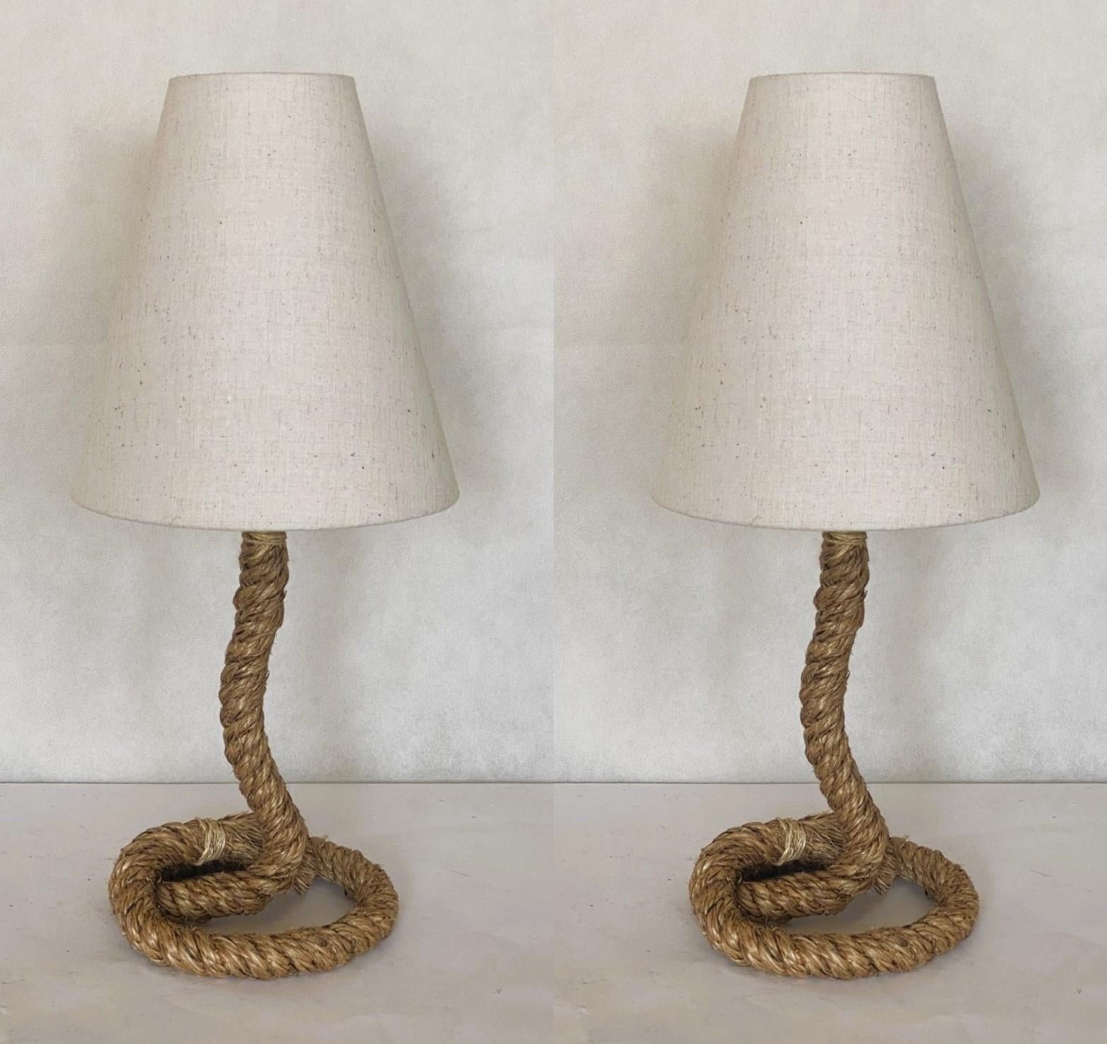 Mid-Century Modern Pair of French Rope Table Lamps in the Style of Audoux Minet, 1990s For Sale