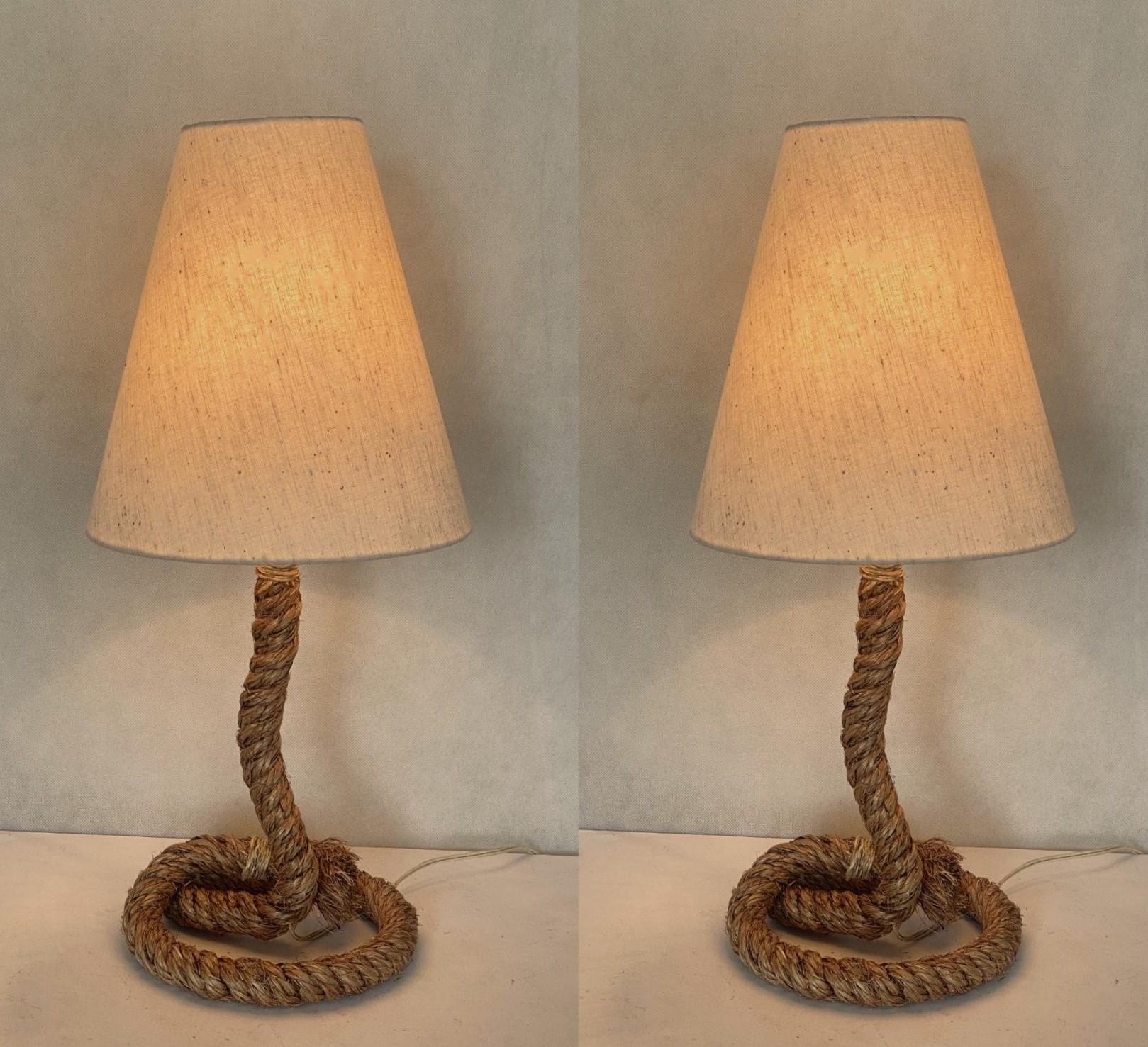 Fabric Pair of French Rope Table Lamps in the Style of Audoux Minet, 1990s For Sale