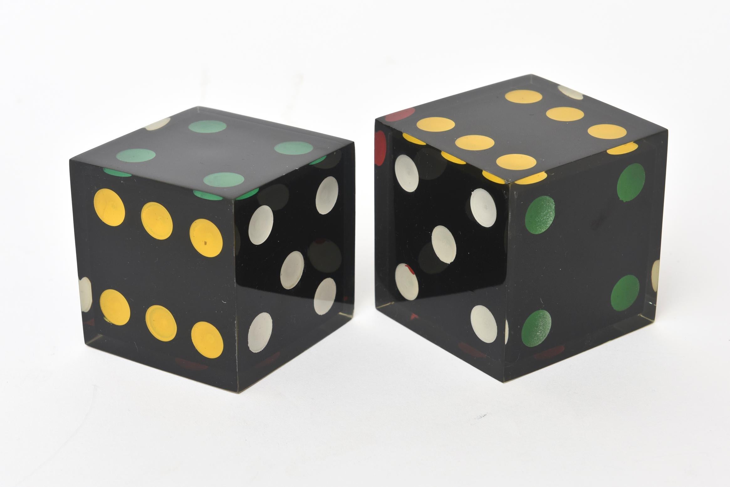 Modern French Vintage Large Sculptural Dice Black, Red, Green, Yellow and White Pair of