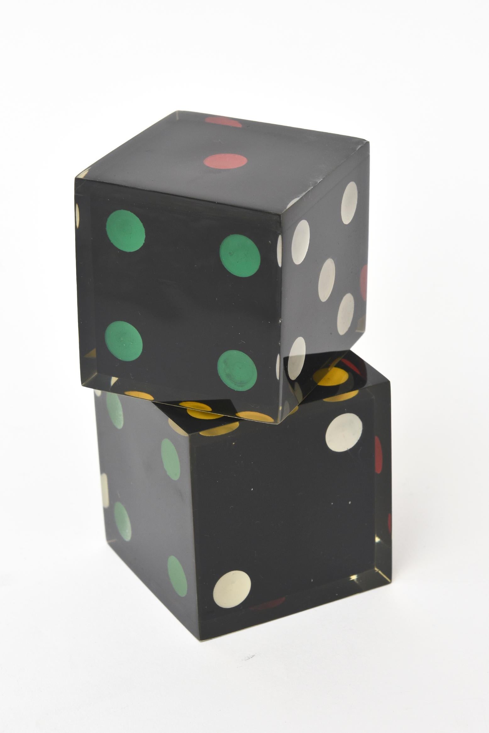 French Vintage Large Sculptural Dice Black, Red, Green, Yellow and White Pair of In Good Condition In North Miami, FL
