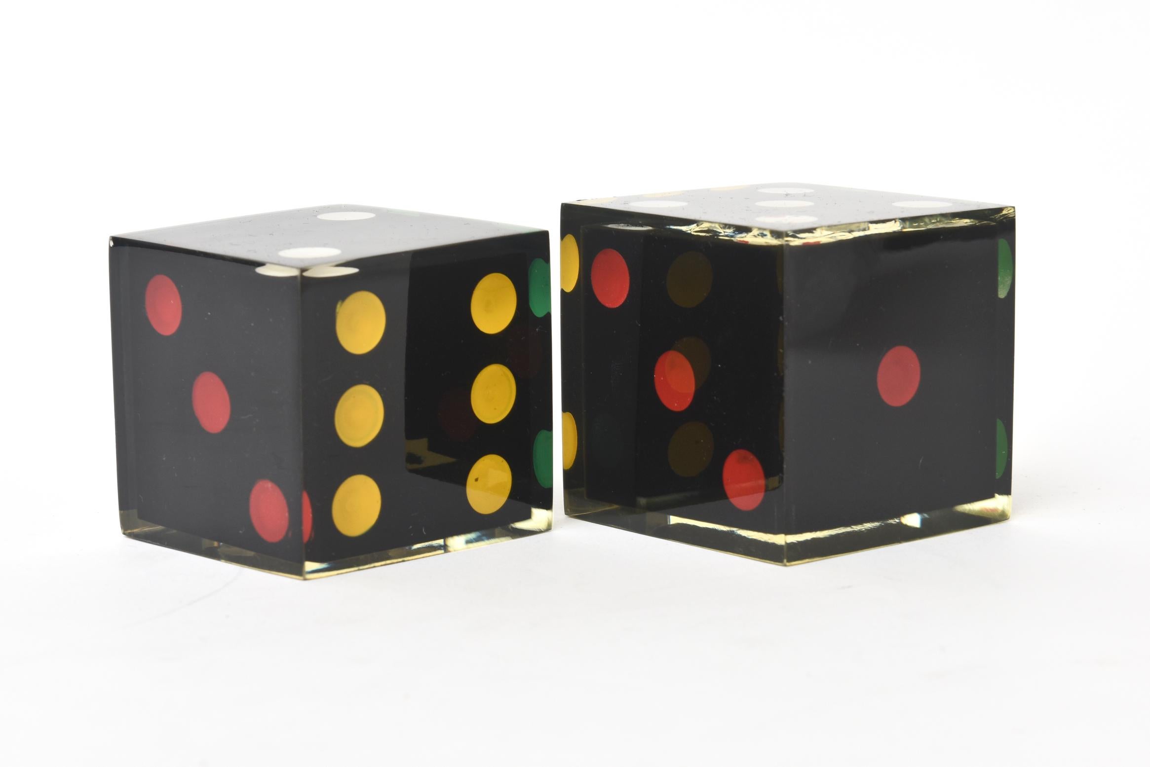 Lucite French Vintage Large Sculptural Dice Black, Red, Green, Yellow and White Pair of