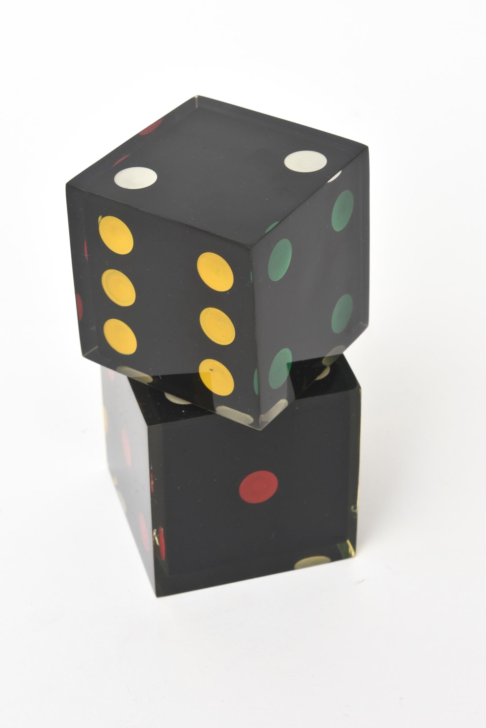 French Vintage Large Sculptural Dice Black, Red, Green, Yellow and White Pair of 1