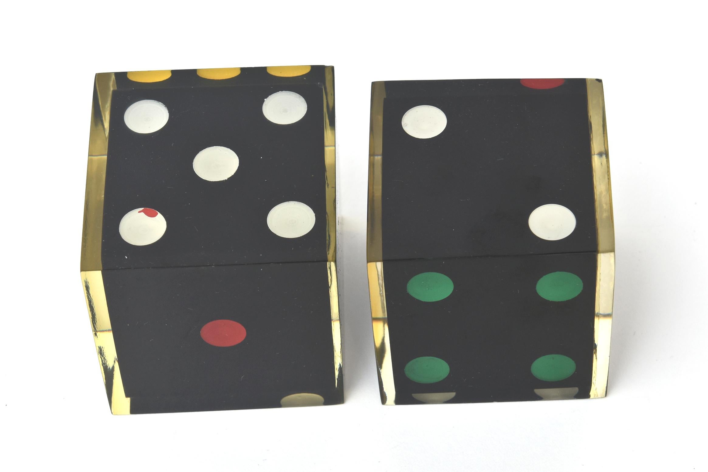 French Vintage Large Sculptural Dice Black, Red, Green, Yellow and White Pair of 2