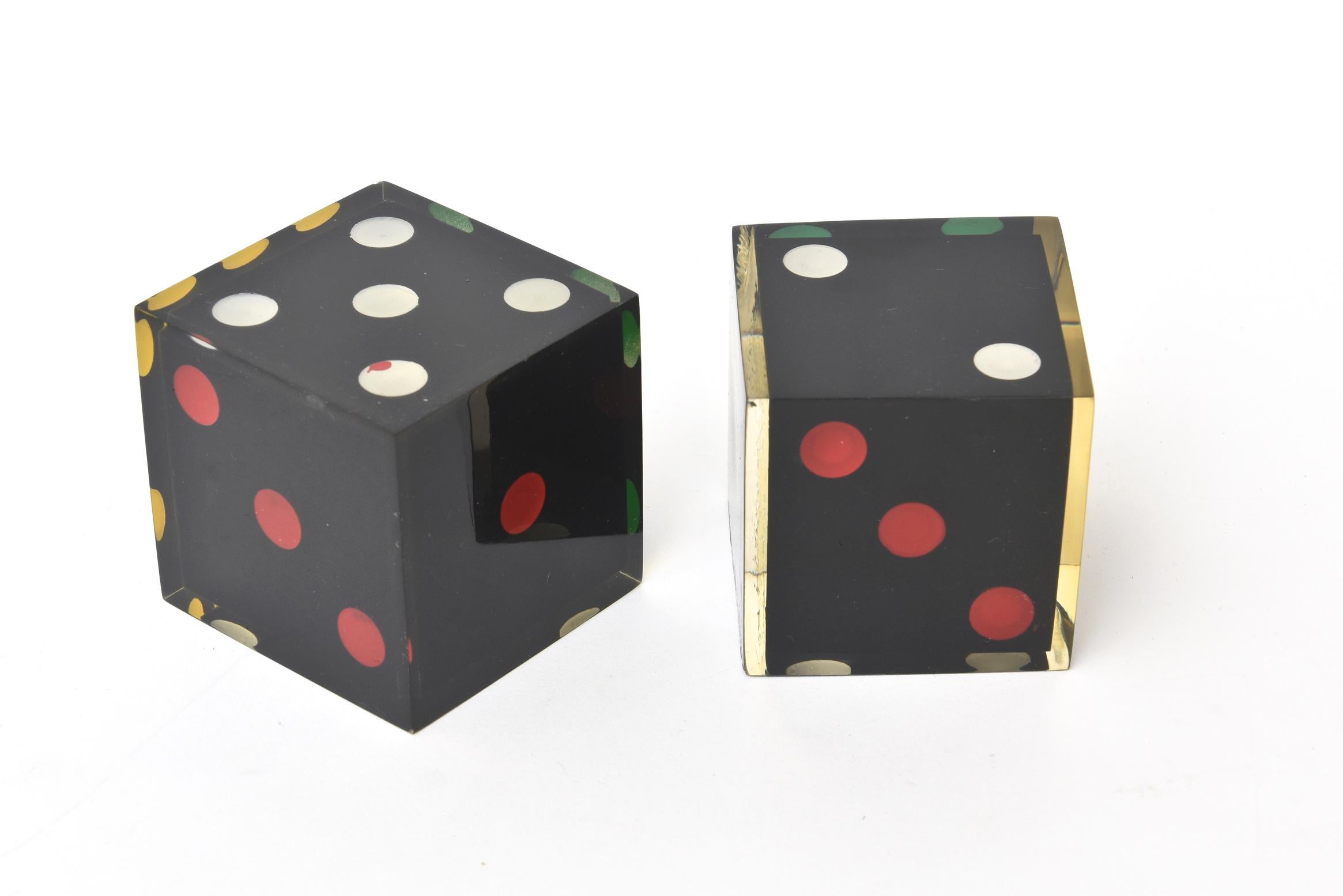 French Vintage Large Sculptural Dice Black, Red, Green, Yellow and White Pair of 3