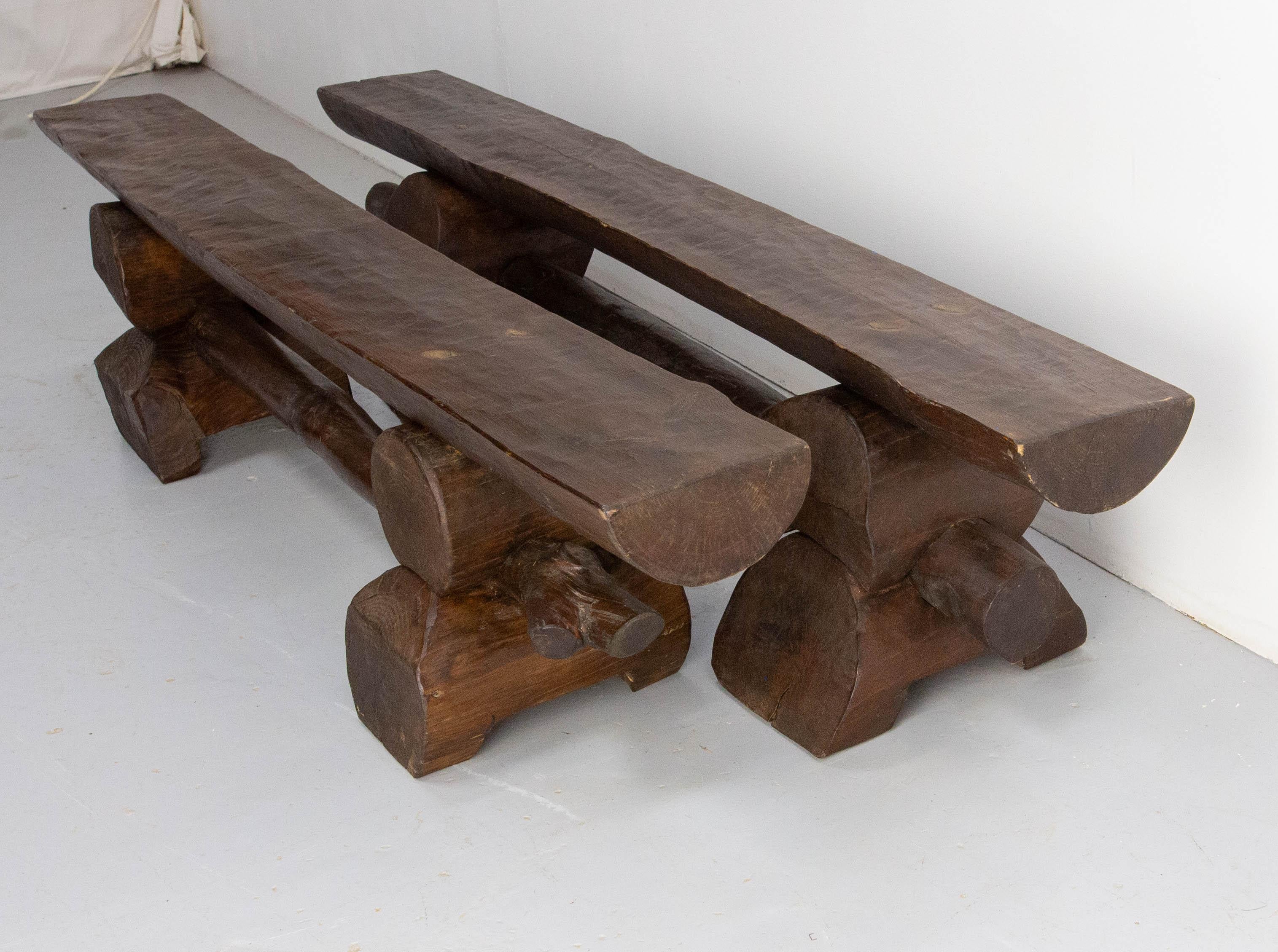 Français Paire de bancs de ferme français de style vintage en pin massif, circa 1960 en vente