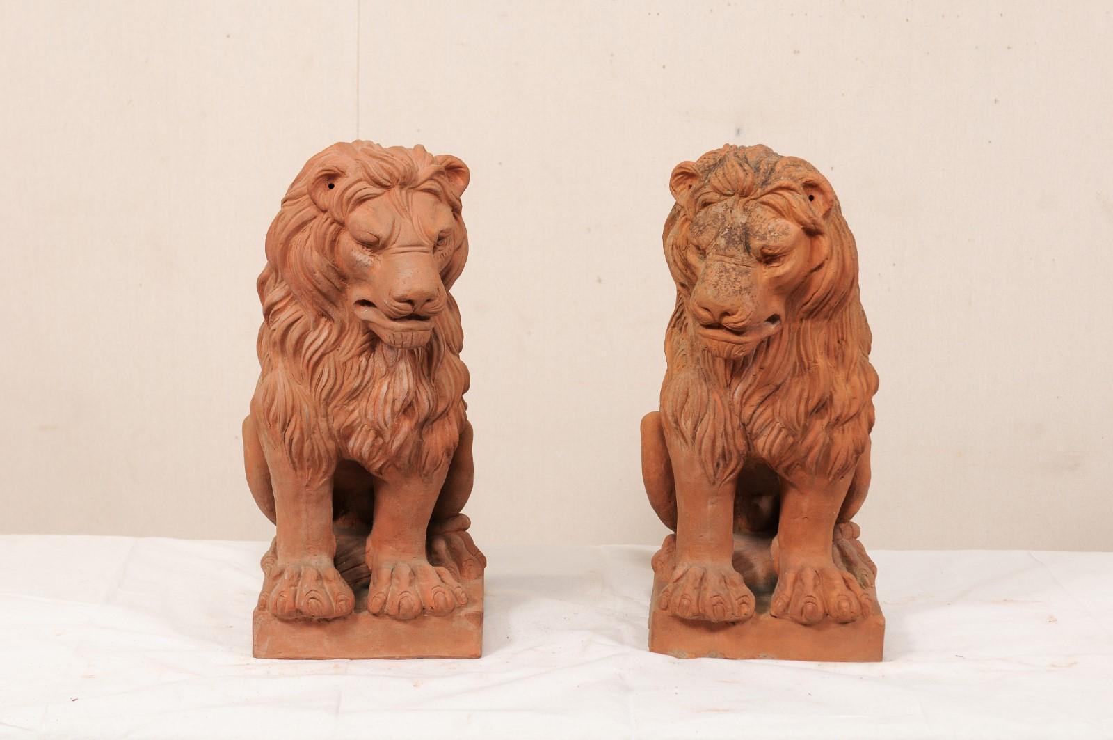 Ein Paar französische Terrakotta-Löwen im Vintage-Stil. Dieses Löwenpaar aus Frankreich ist etwa 2 Fuß hoch und hat jeweils eine üppig wehende Mähne, ein aufmerksames, knurrendes Gesicht, schön geschnitzte Füße und gut ausgeprägte Rippenkäfige an