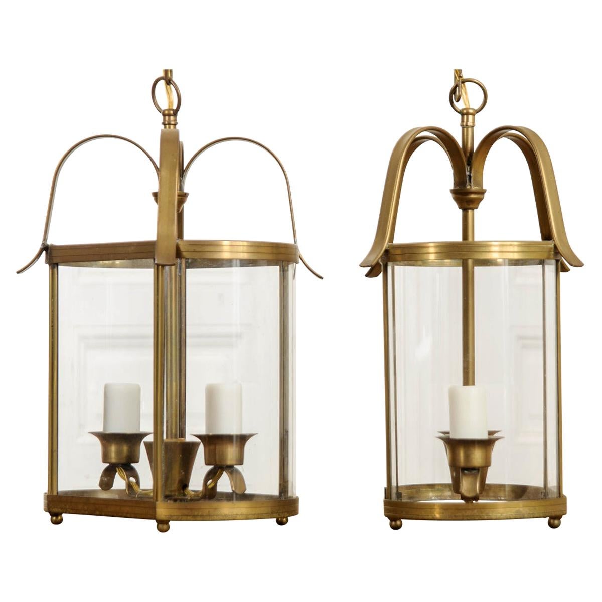 Pair of French Vintage Two-Light Brass Lanterns