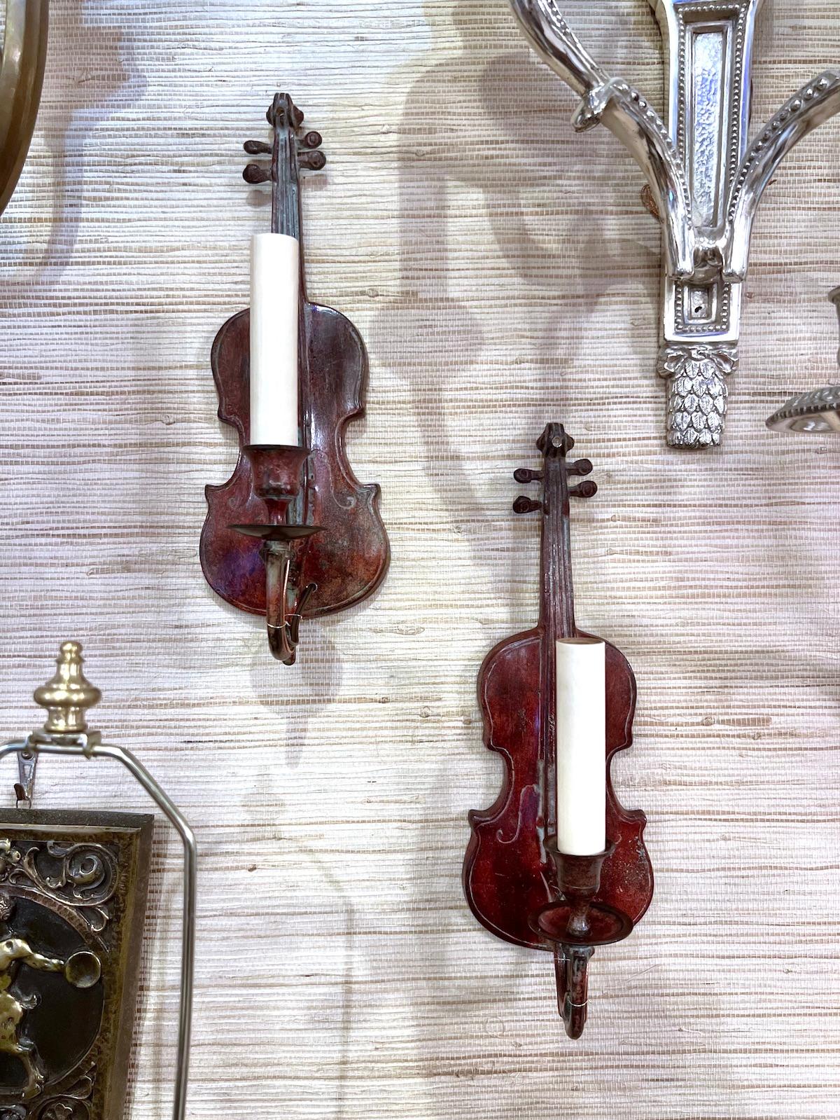 Metal Pair of French Violin Sconces For Sale