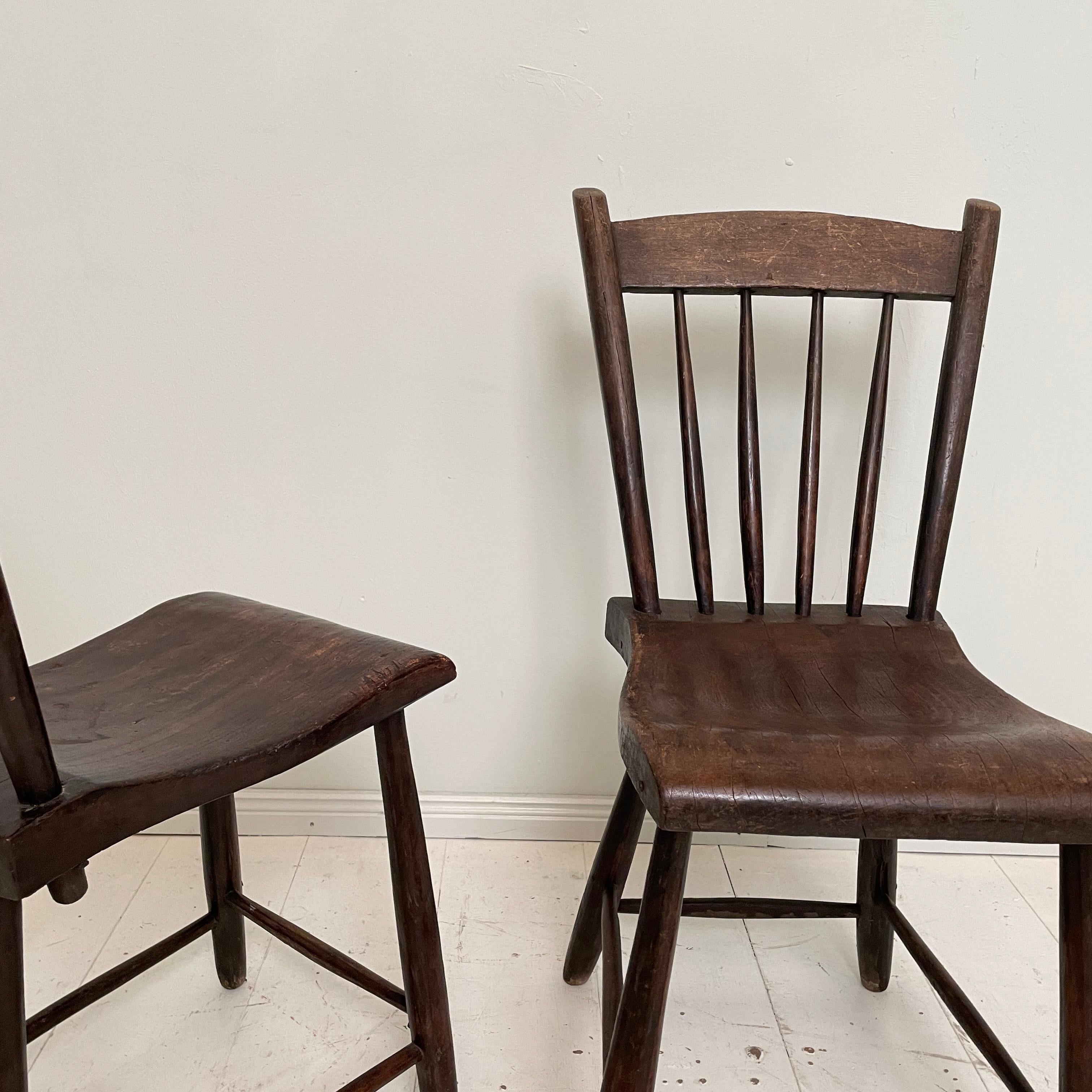 Early 19th Century Pair of French Wabi-Sabi Country Chairs in Elm, Around 1830