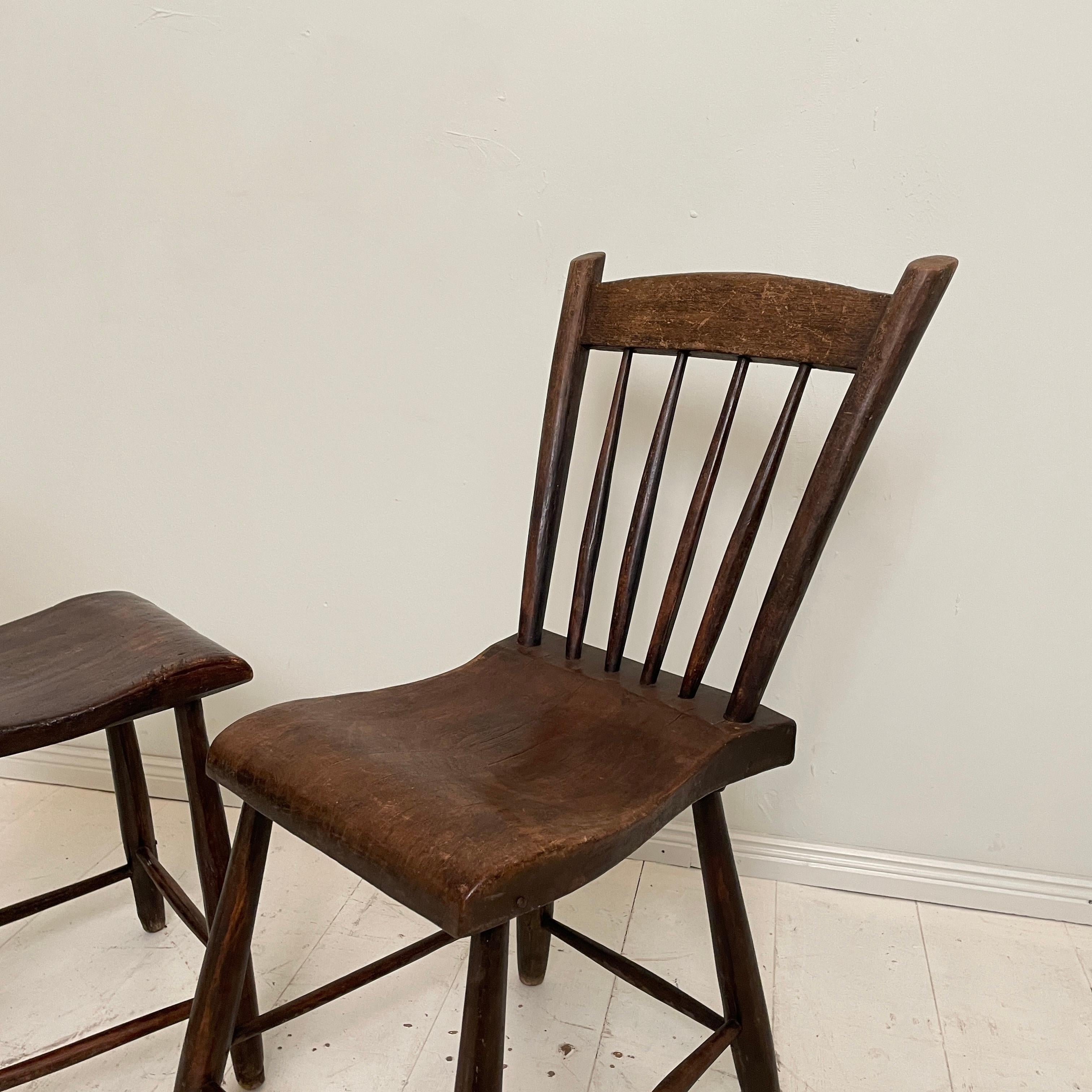 Pair of French Wabi-Sabi Country Chairs in Elm, Around 1830 2