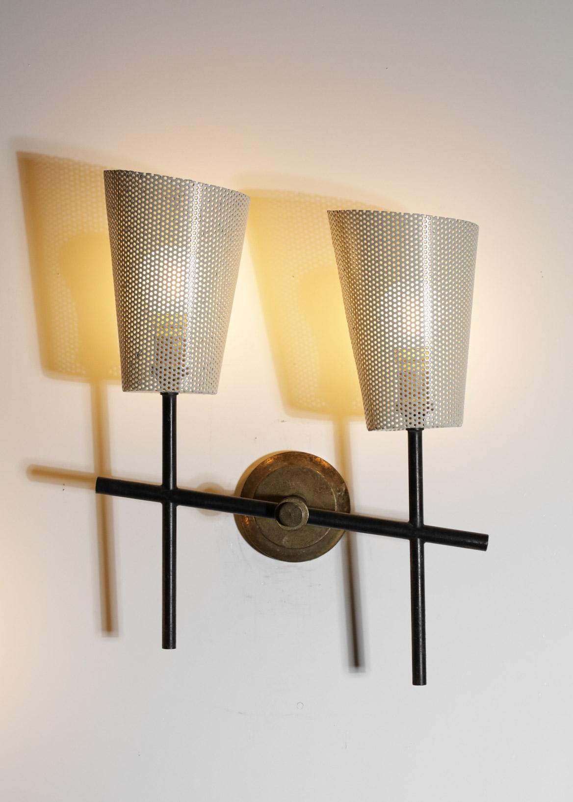 Pair of French Wall Lights in the Taste of Mathieu Matégot in Perforated Metal 3