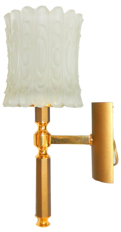 20th Century Pair of French Art Deco Brass & Frosted Glass Sconces, Wall Lights  For Sale