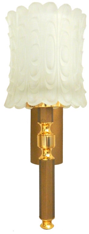 Pair of French Art Deco Brass & Frosted Glass Sconces, Wall Lights  For Sale 1