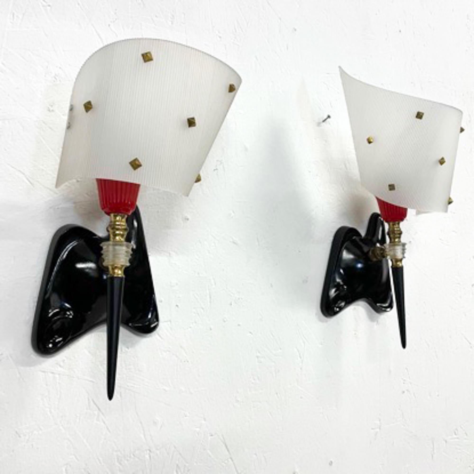 Mid-Century Modern Pair of French Wall Sconces Guariche Era Plexiglass Plastic Shades For Sale