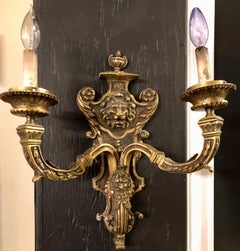 Pair of French Wall Sconces Two-Arm Bronze Lion and Satirical Fashion