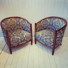 Pair of French Walnut and Damask Tub Chairs, circa 1920