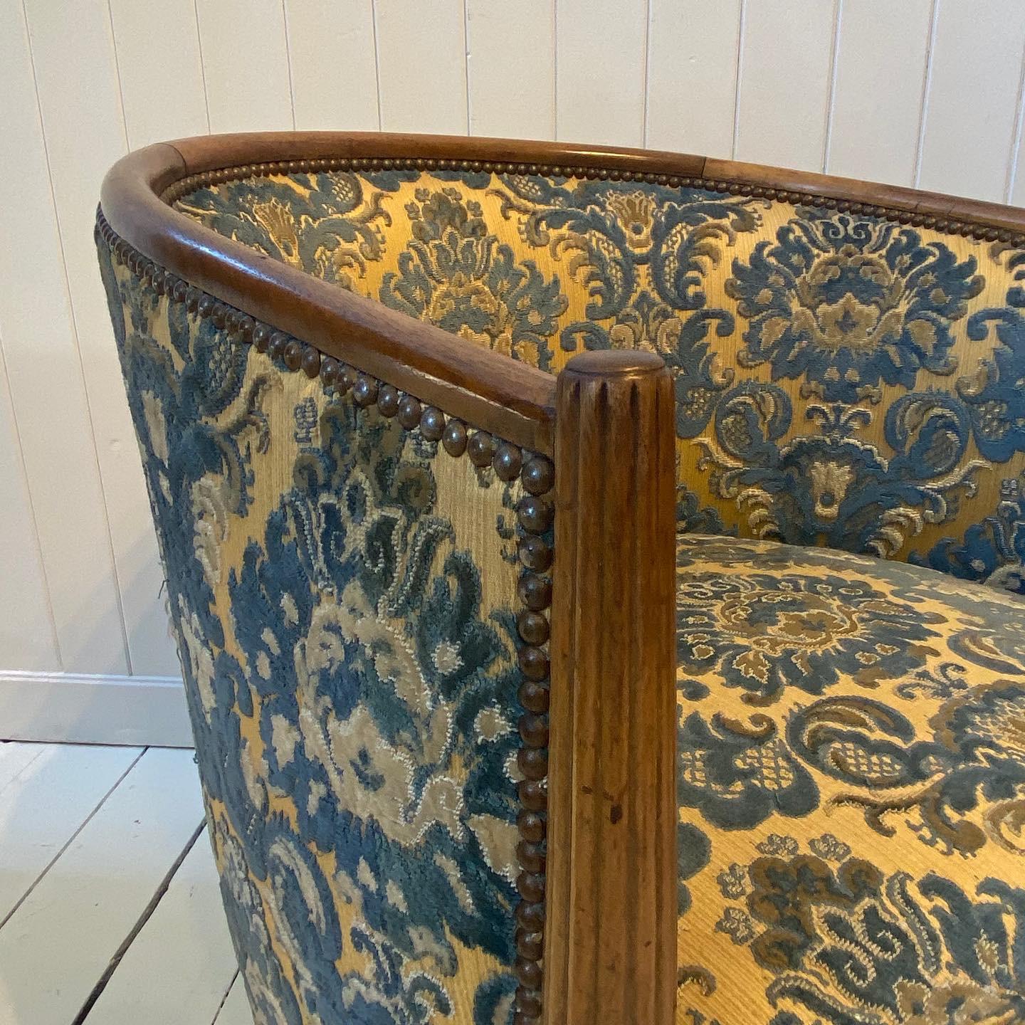 Pair of French Walnut and Damask Tub Chairs, circa 1920 For Sale 2