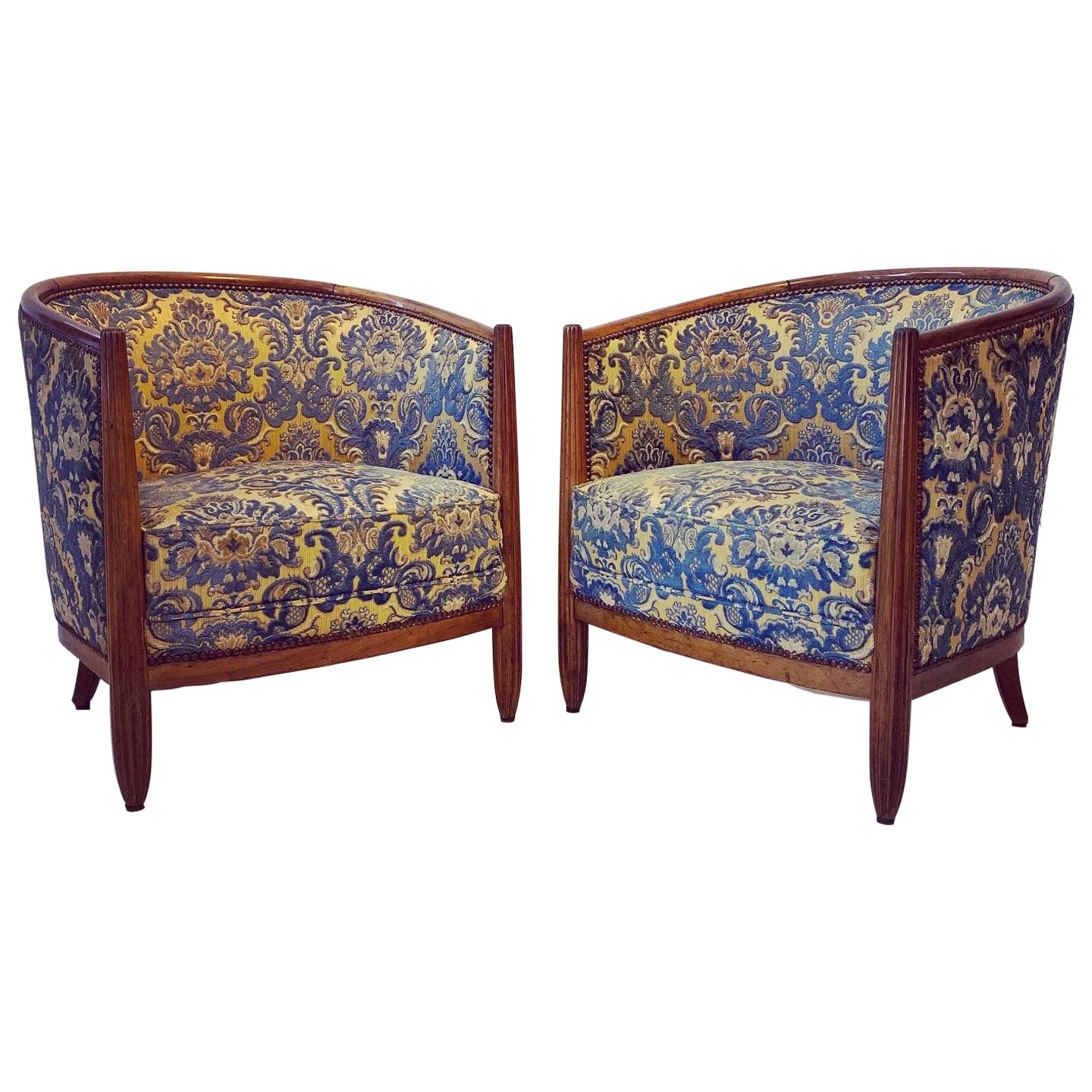 Pair of French Walnut and Damask Tub Chairs, circa 1920 For Sale