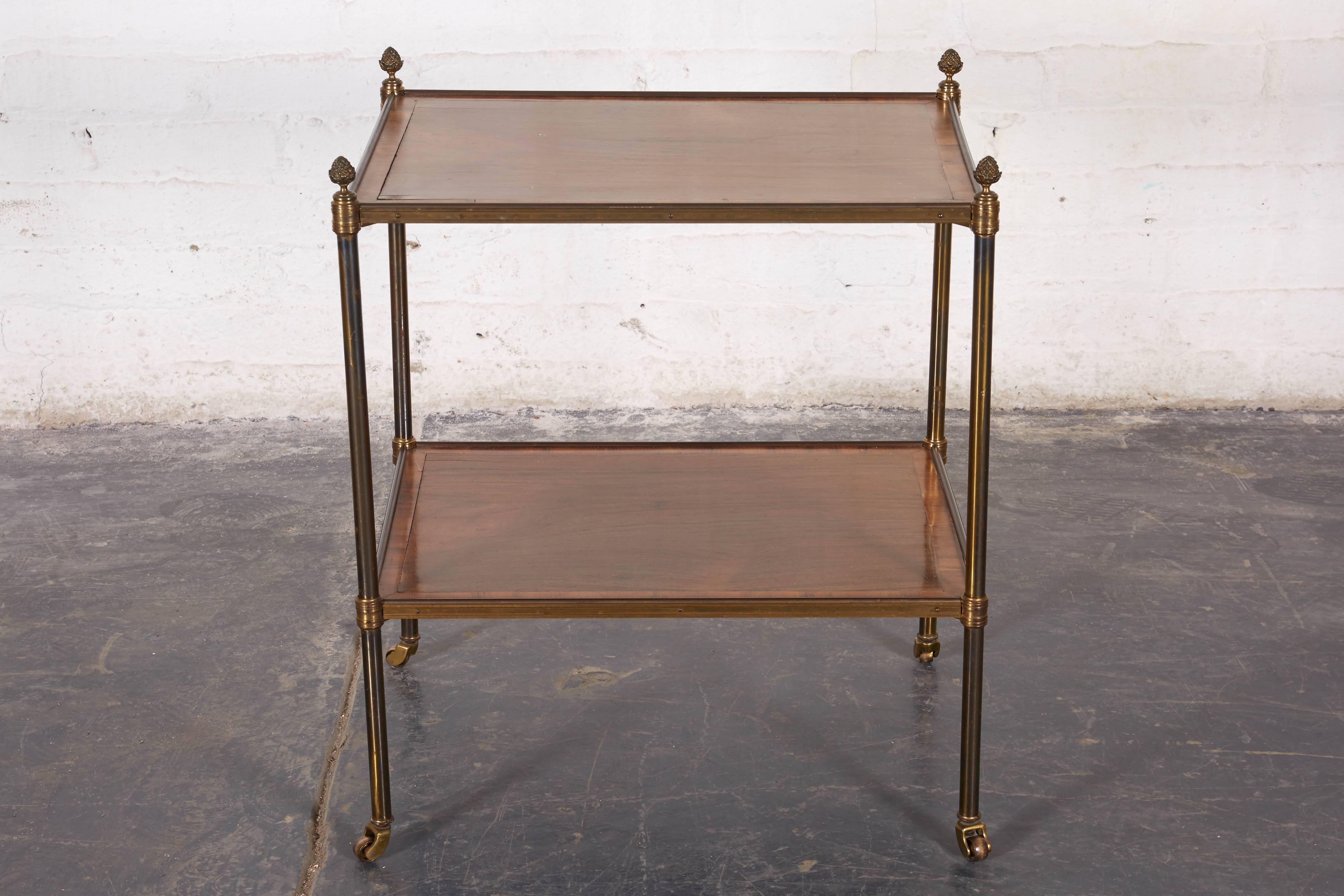 Pair of French Walnut and Lacquered Brass Two-Tier Tables In Good Condition In New York, NY