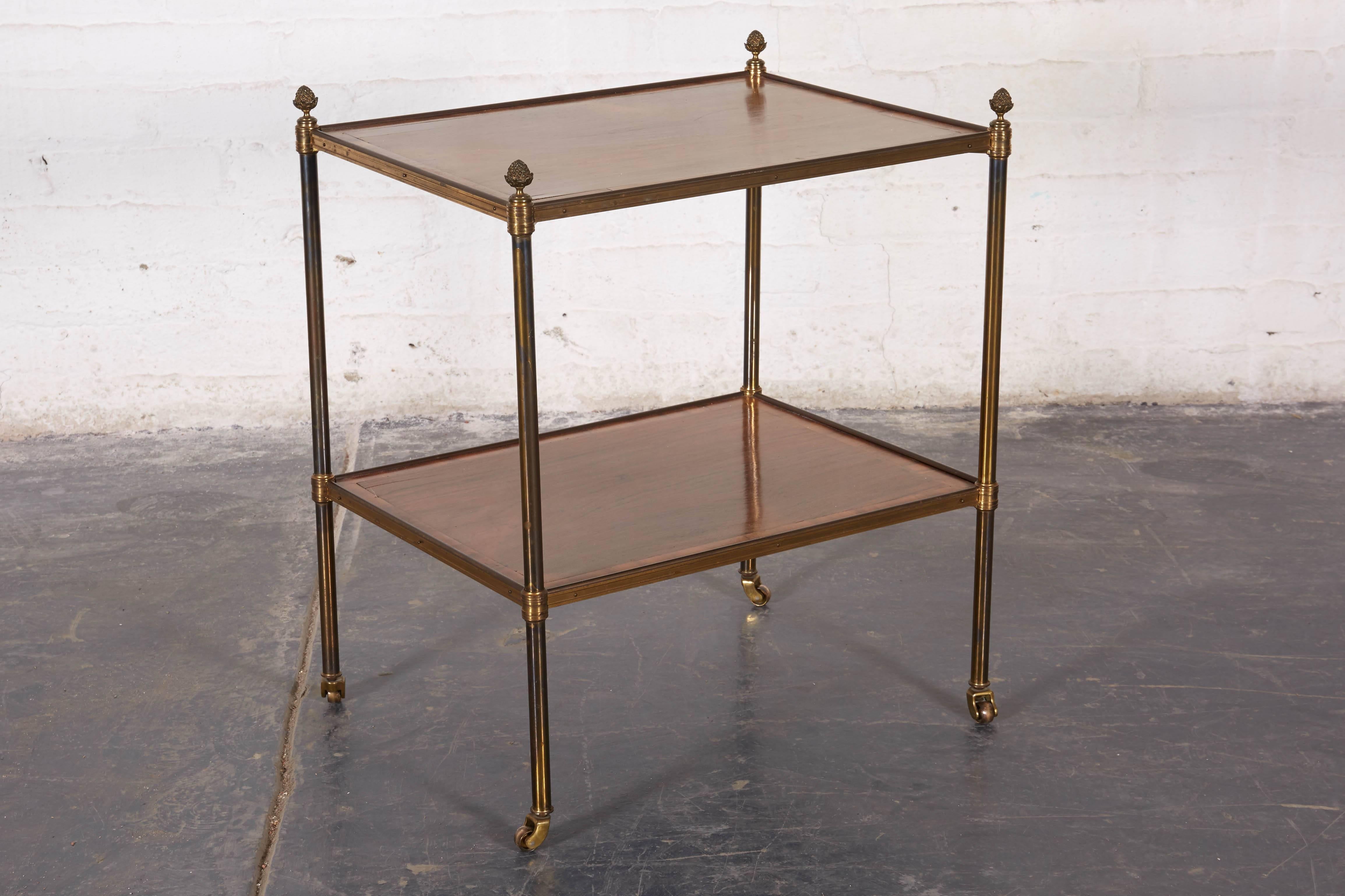 Pair of French Walnut and Lacquered Brass Two-Tier Tables 2