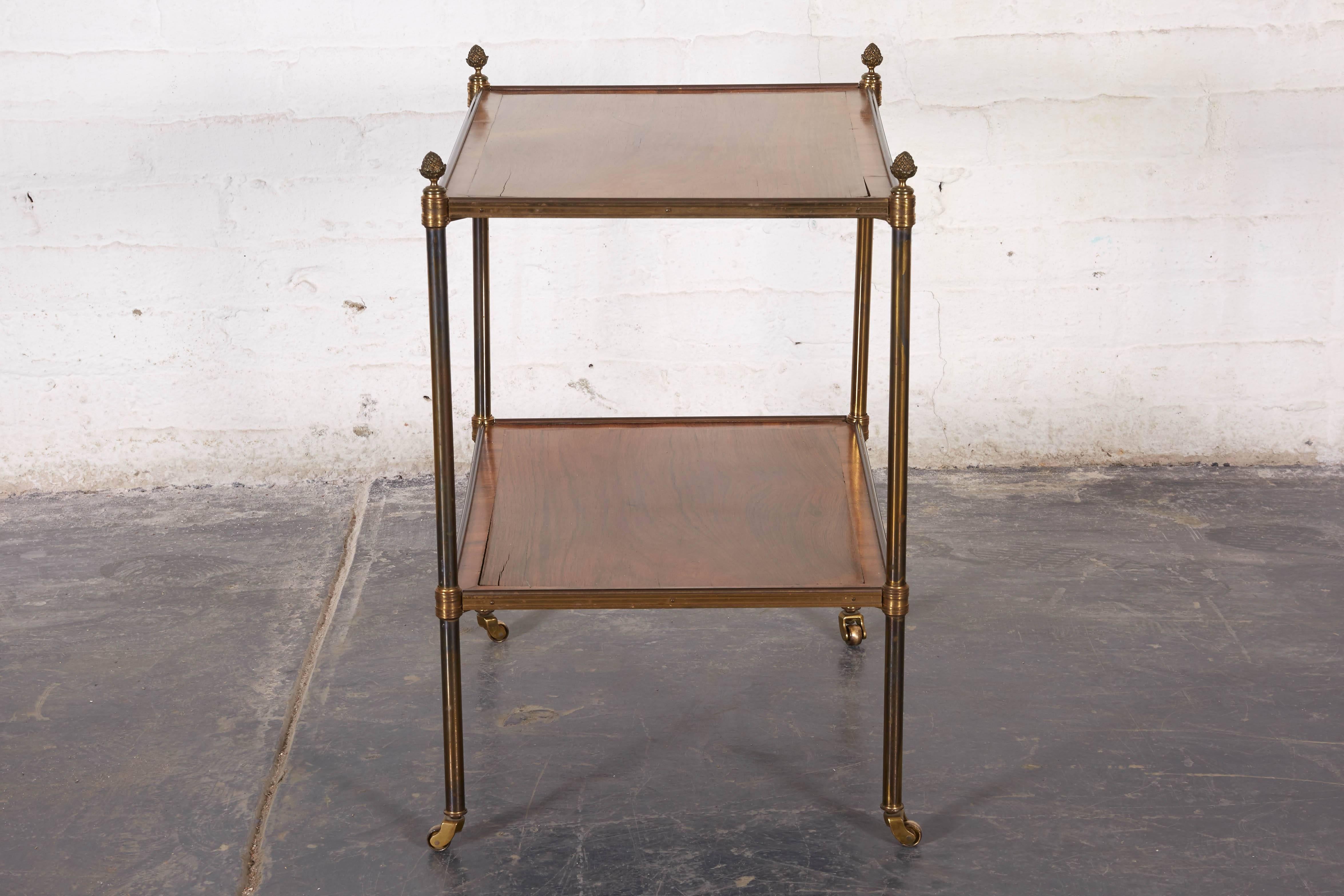 Pair of French Walnut and Lacquered Brass Two-Tier Tables 4