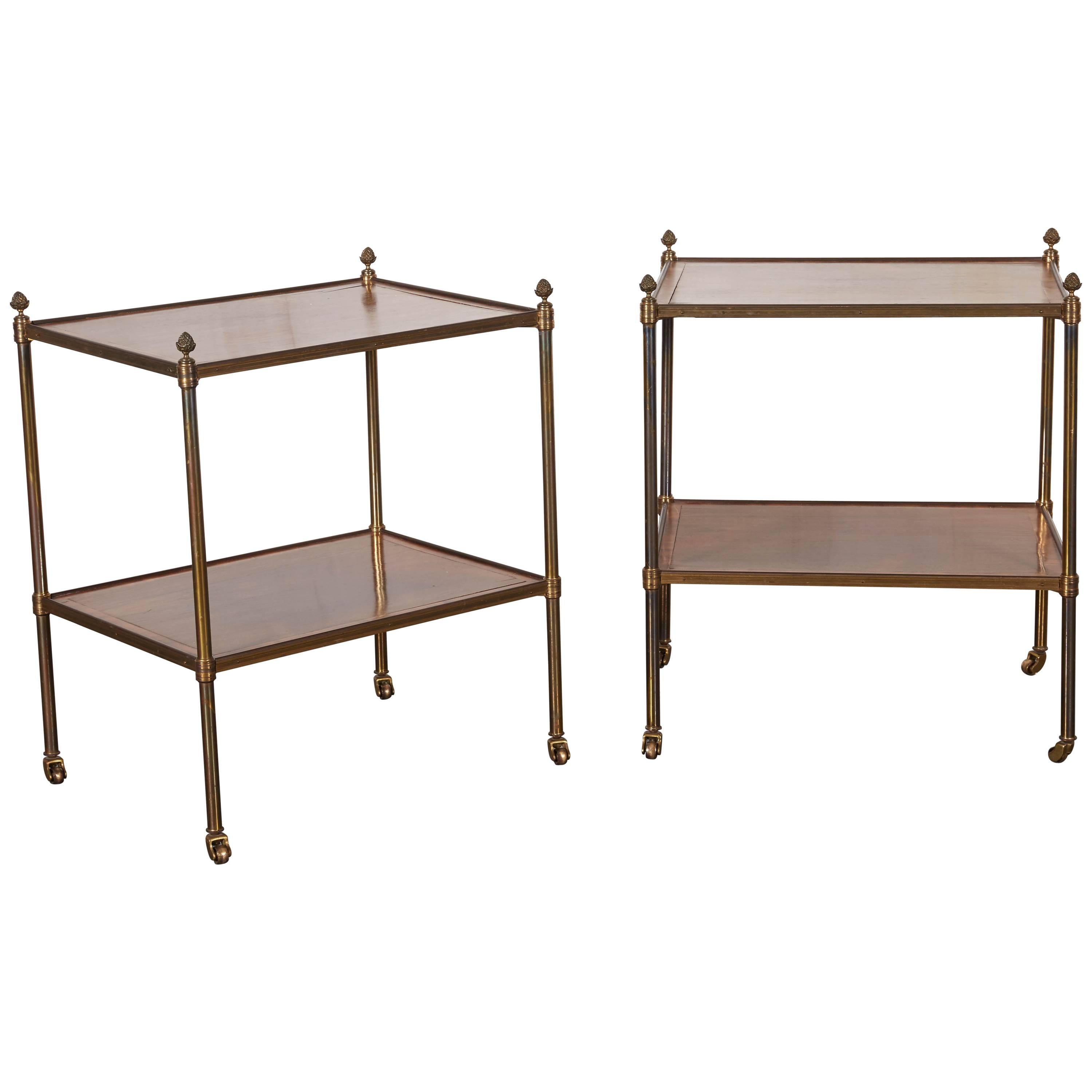 Pair of French Walnut and Lacquered Brass Two-Tier Tables