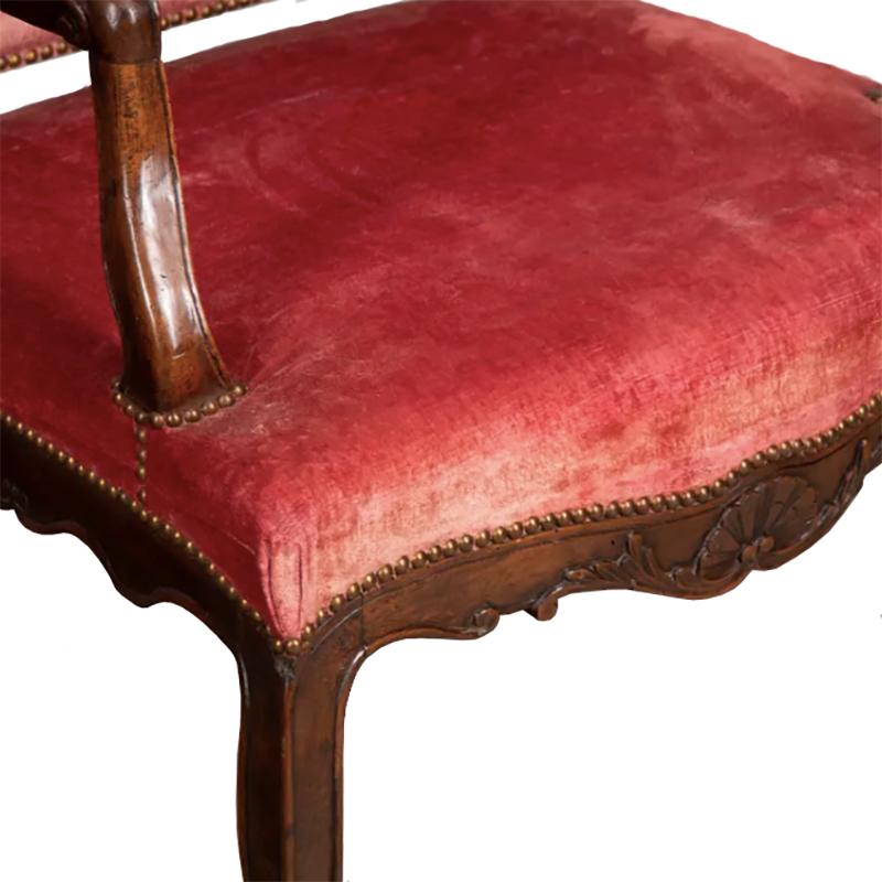 Carved Pair of French Walnut and Velvet 18th Century Elbow Chairs For Sale