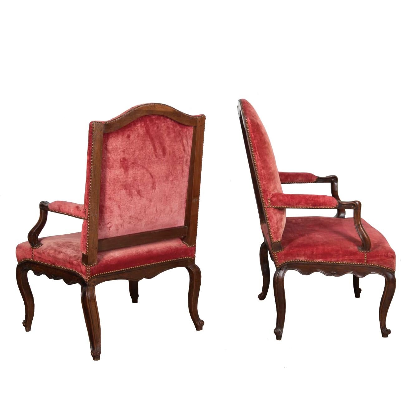 Pair of French Walnut and Velvet 18th Century Elbow Chairs For Sale 1