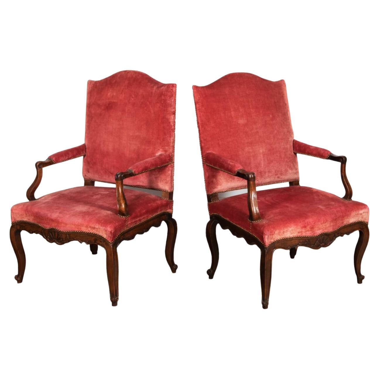 Pair of French Walnut and Velvet 18th Century Elbow Chairs For Sale