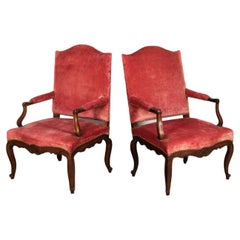 Antique Pair of French Walnut and Velvet 18th Century Elbow Chairs
