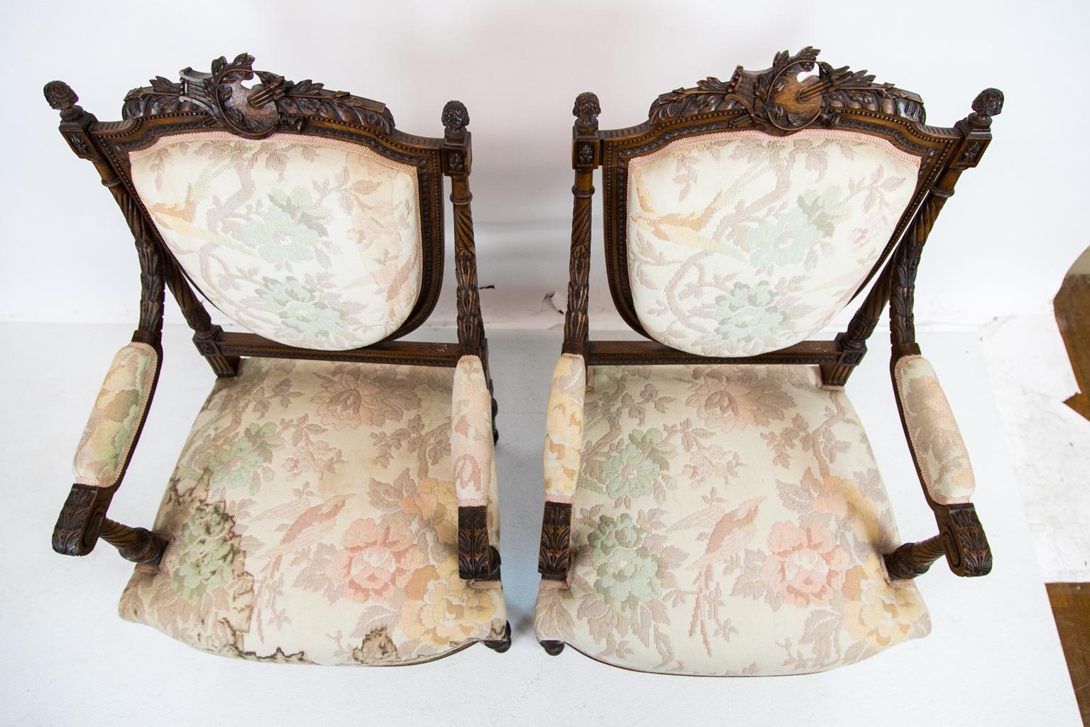 Hand-Carved Pair of French Walnut Armchairs For Sale