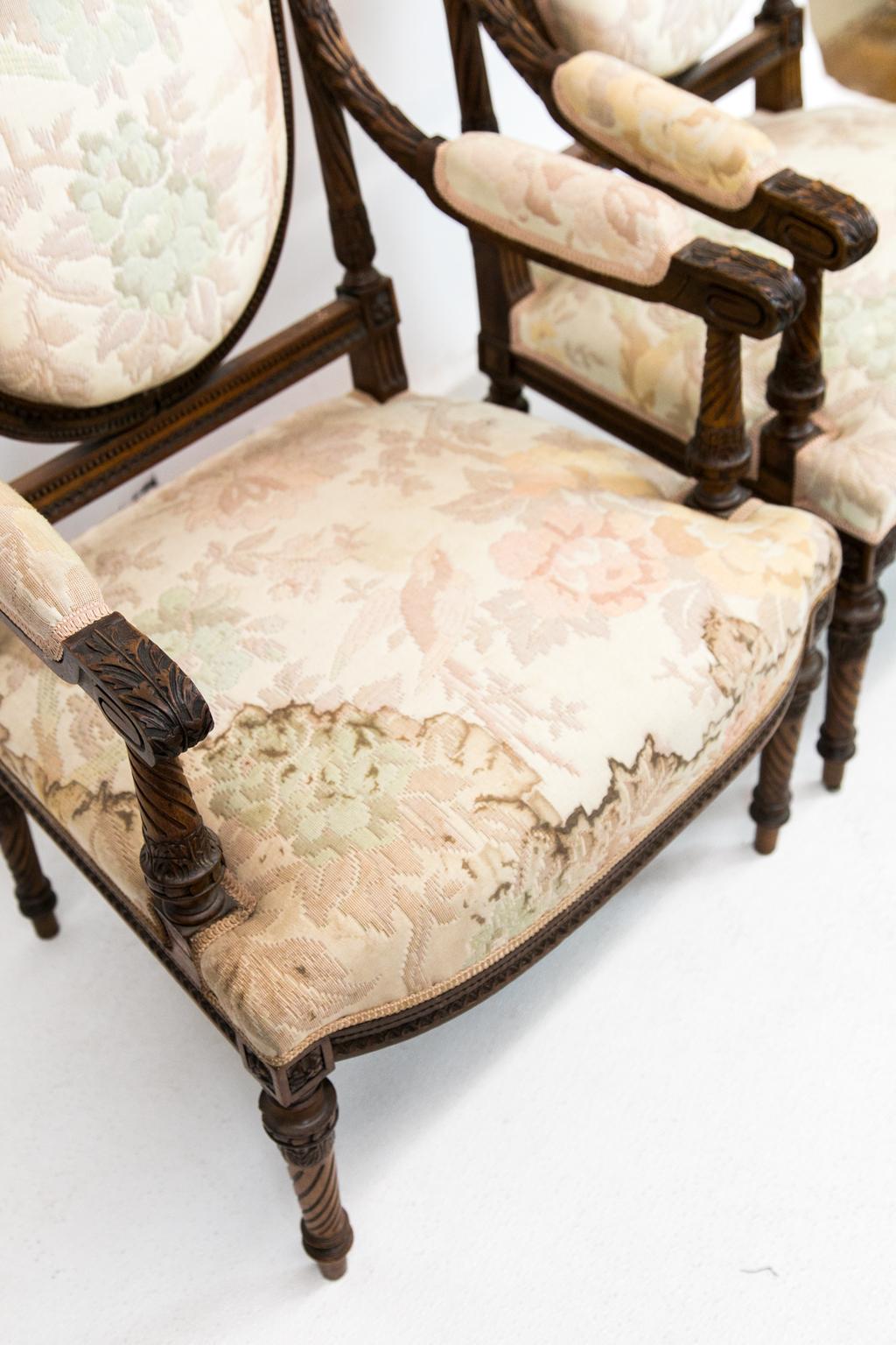 Fabric Pair of French Walnut Armchairs For Sale