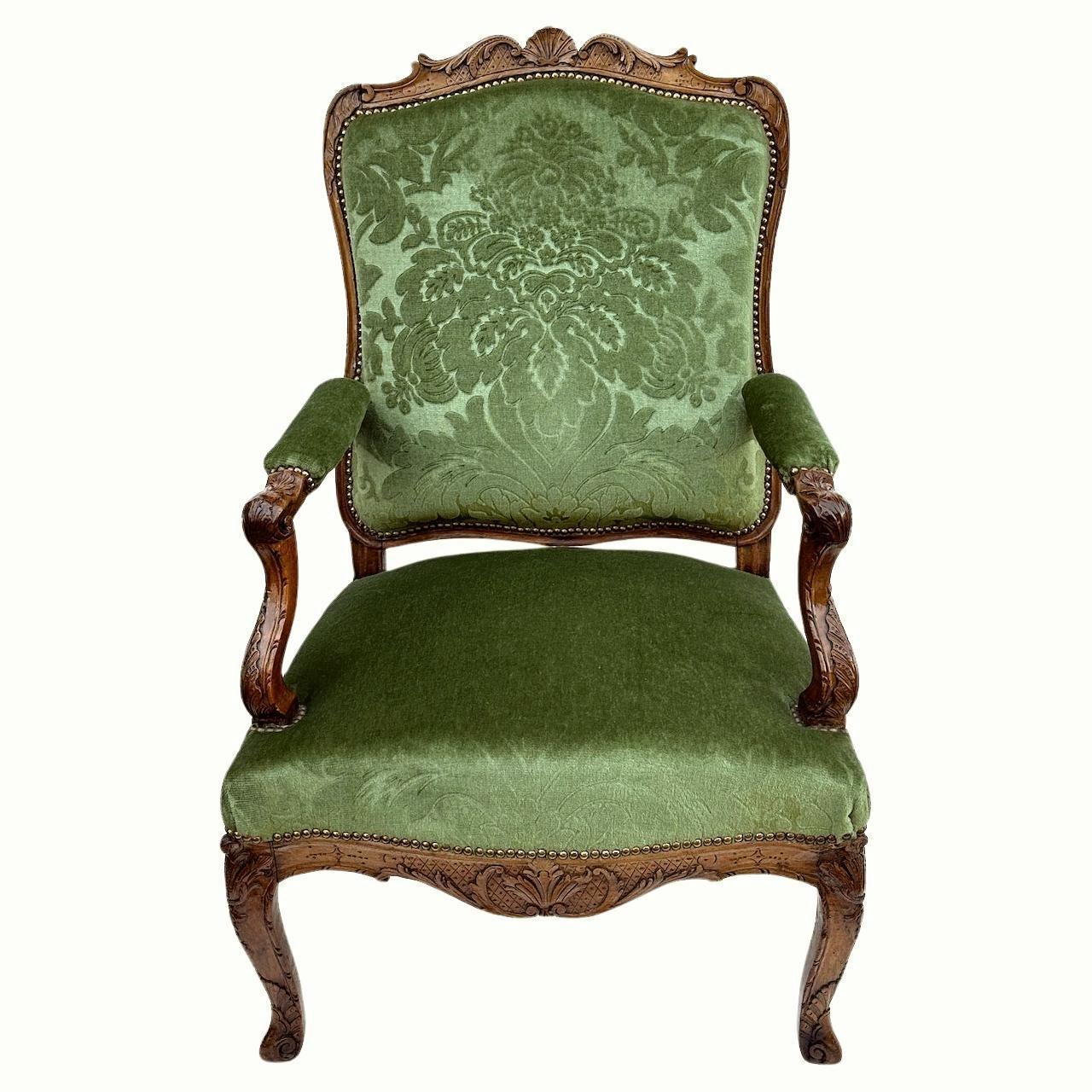 Hand-Carved Pair of French Walnut Armchairs For Sale