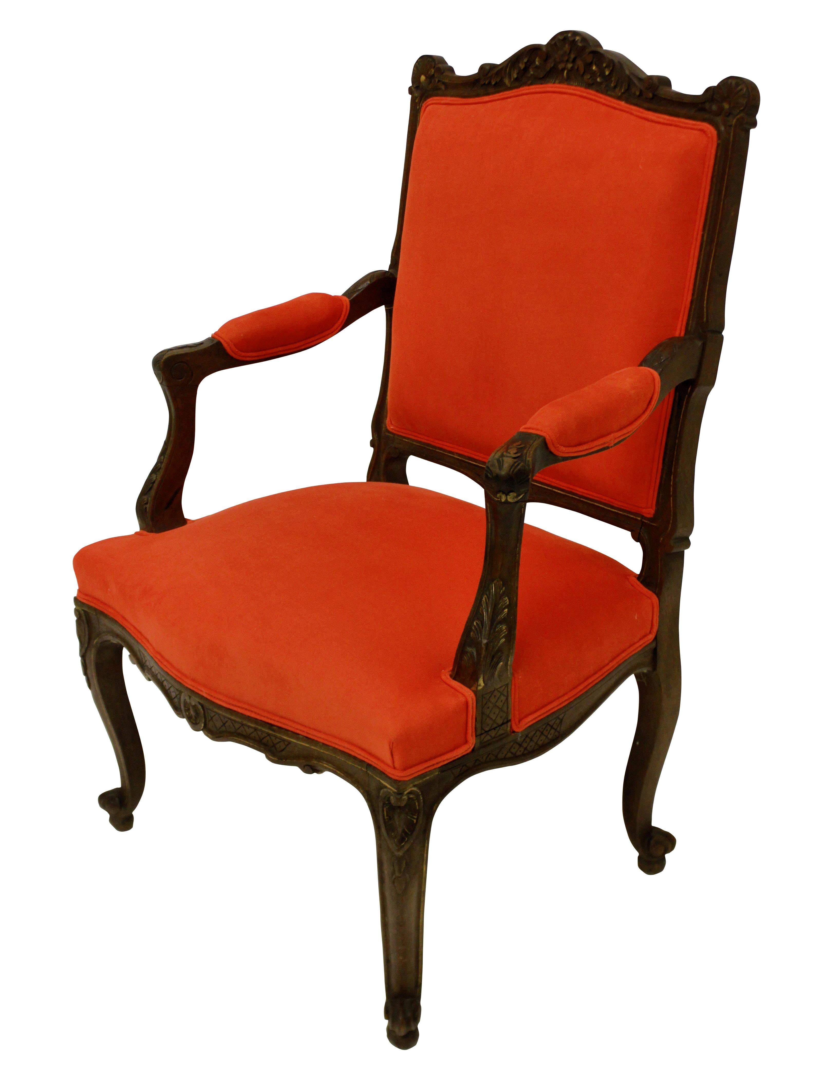 Early 19th Century Pair of French Walnut Armchairs in Burnt Orange Corduroy