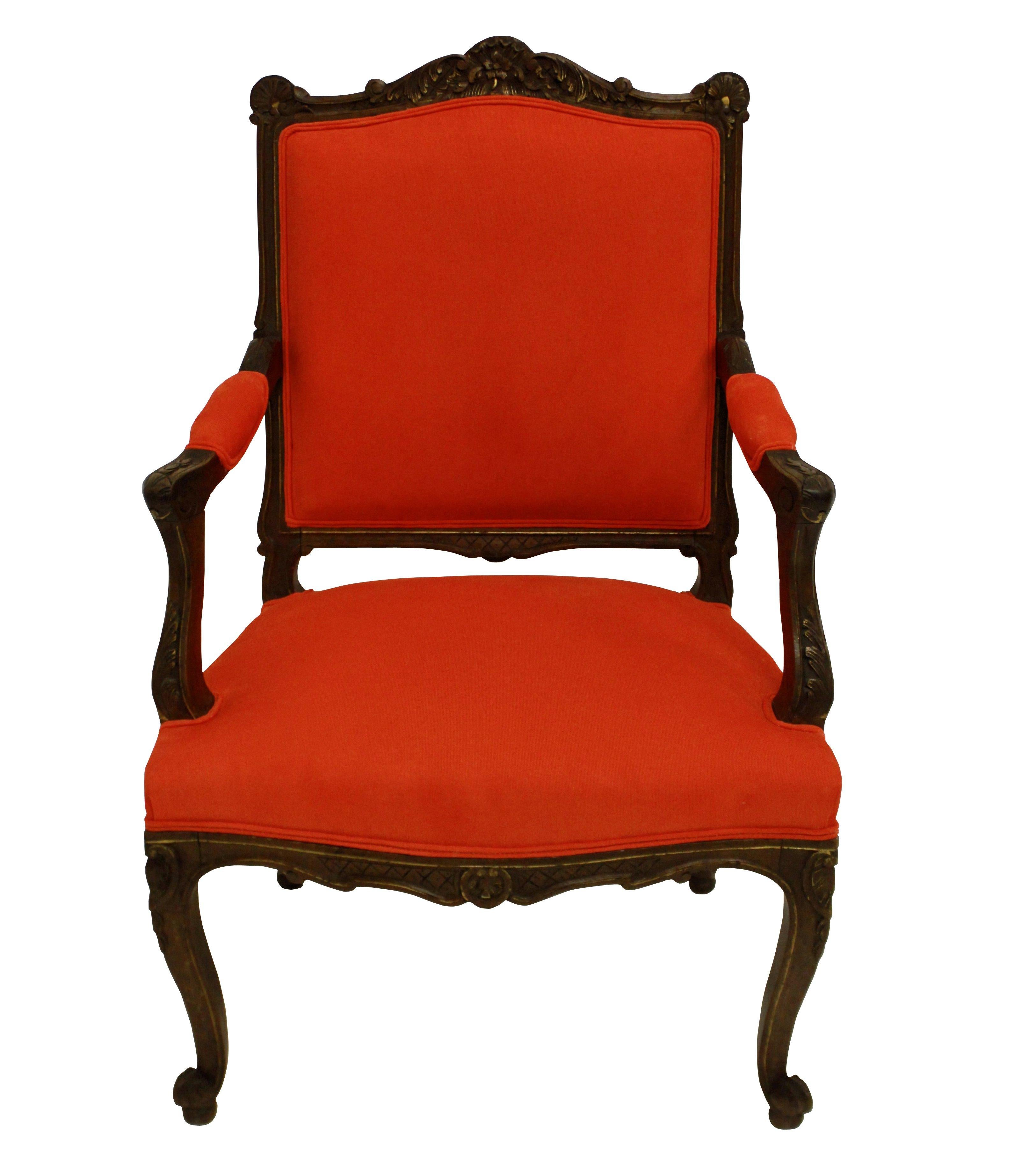 Pair of French Walnut Armchairs in Burnt Orange Corduroy 1