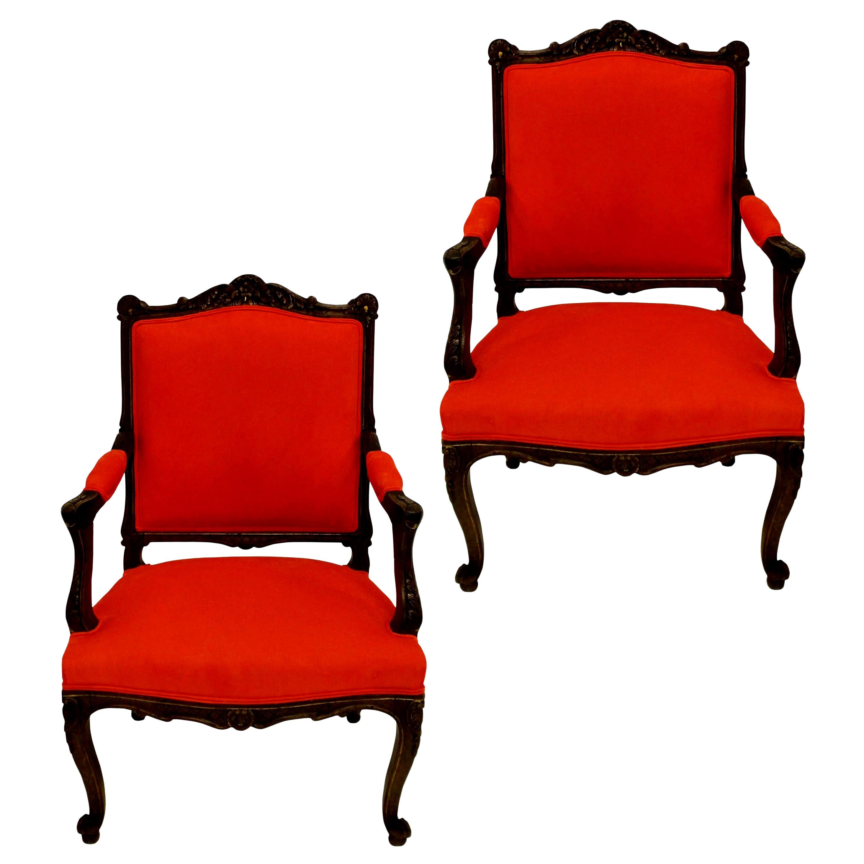 Pair of French Walnut Armchairs in Burnt Orange Corduroy