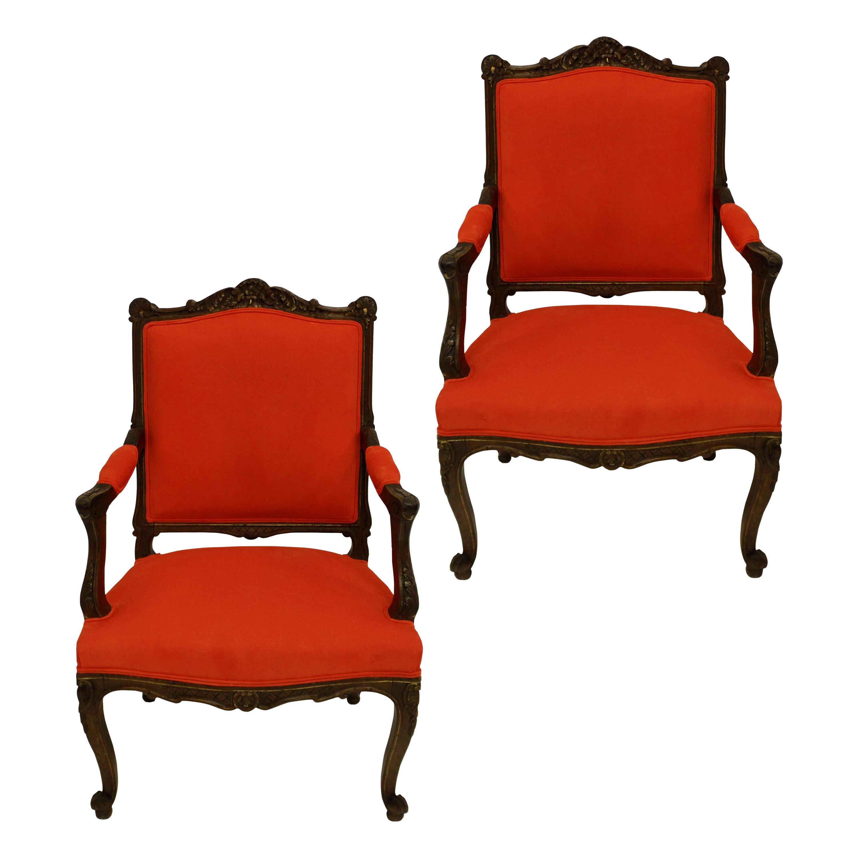 Pair of French Walnut Armchairs in Burnt Orange Corduroy