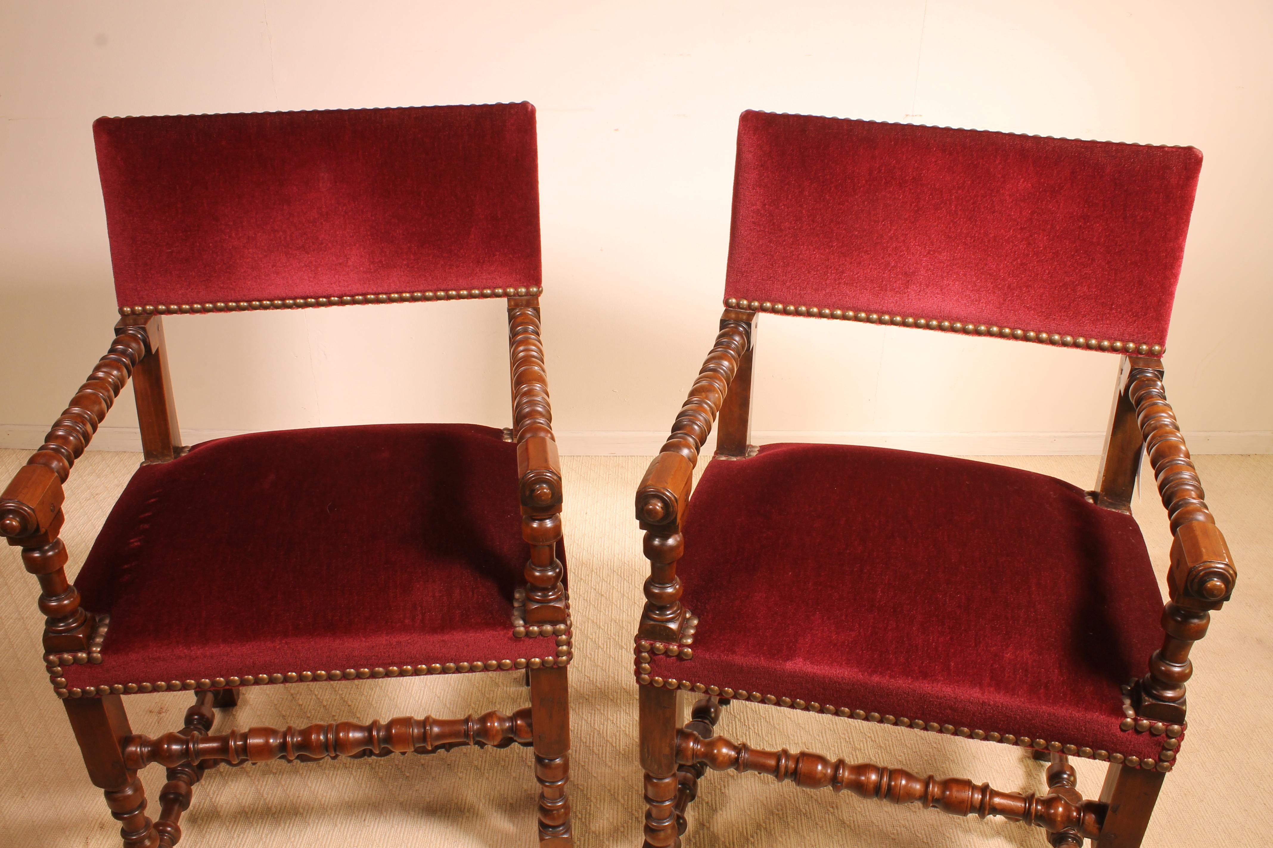 Pair of French Walnut Armchairs Louis XIII Style 19th Century 1