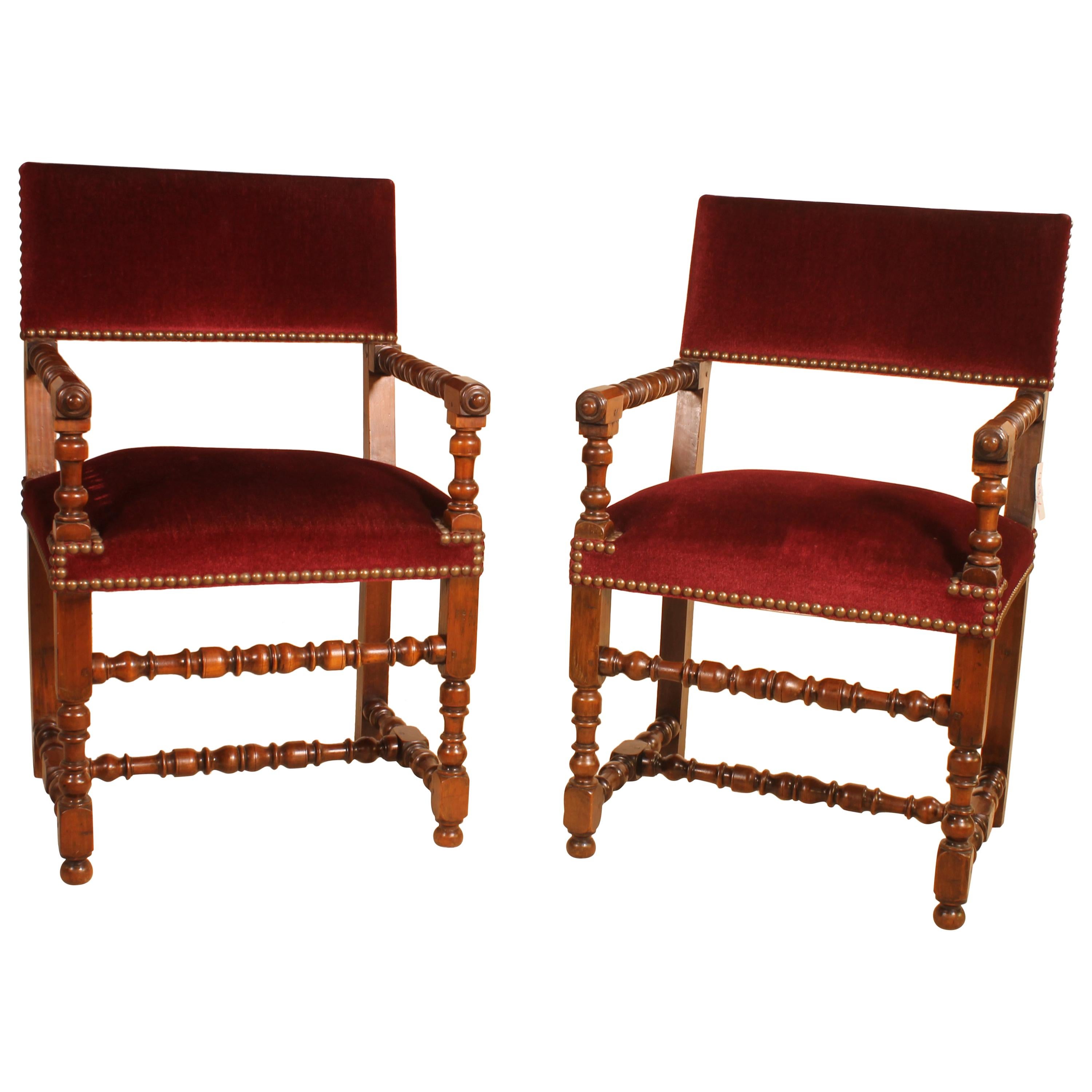 Pair of French Walnut Armchairs Louis XIII Style 19th Century