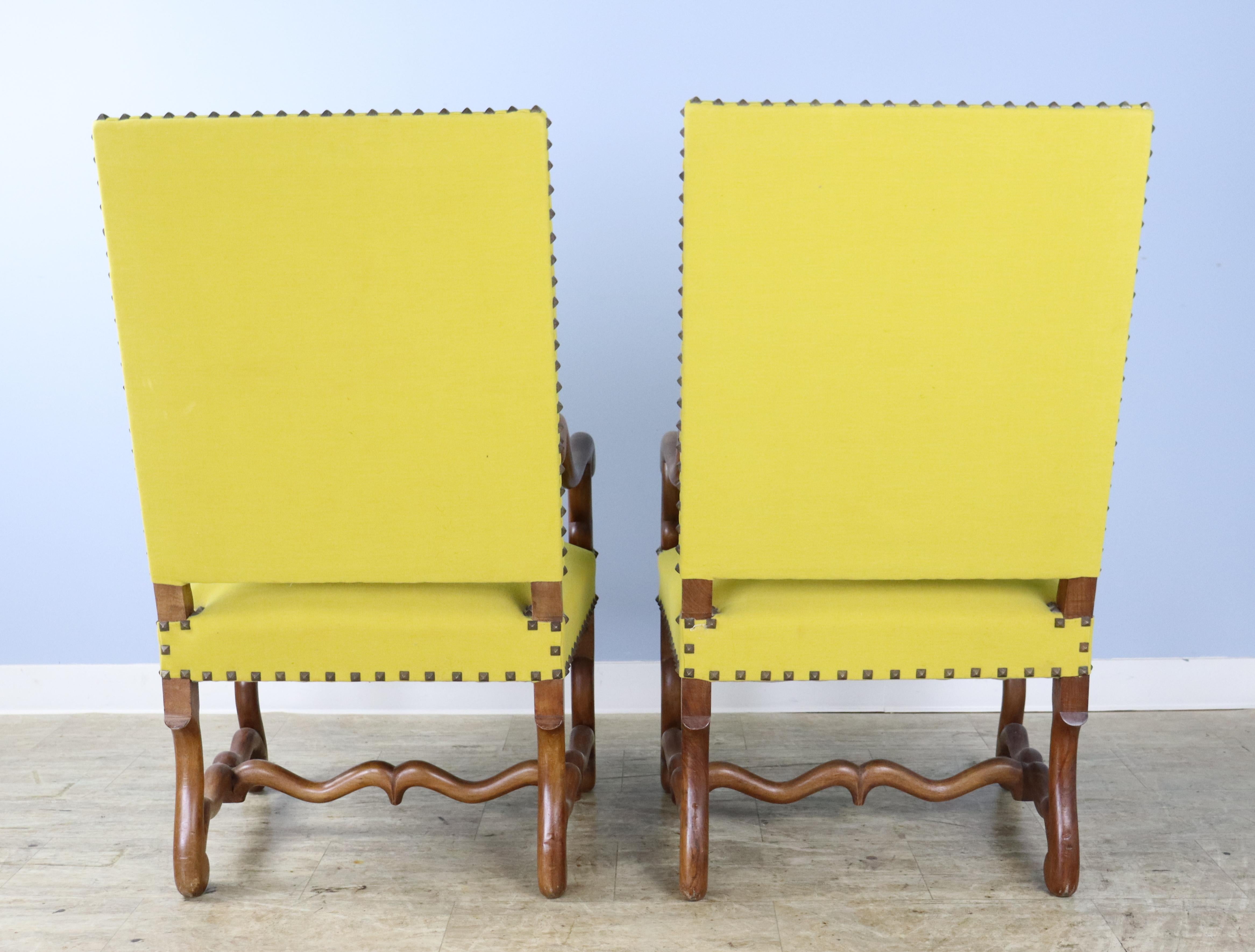 Pair of French Walnut Armchairs, New Yellow Upholstery For Sale 8