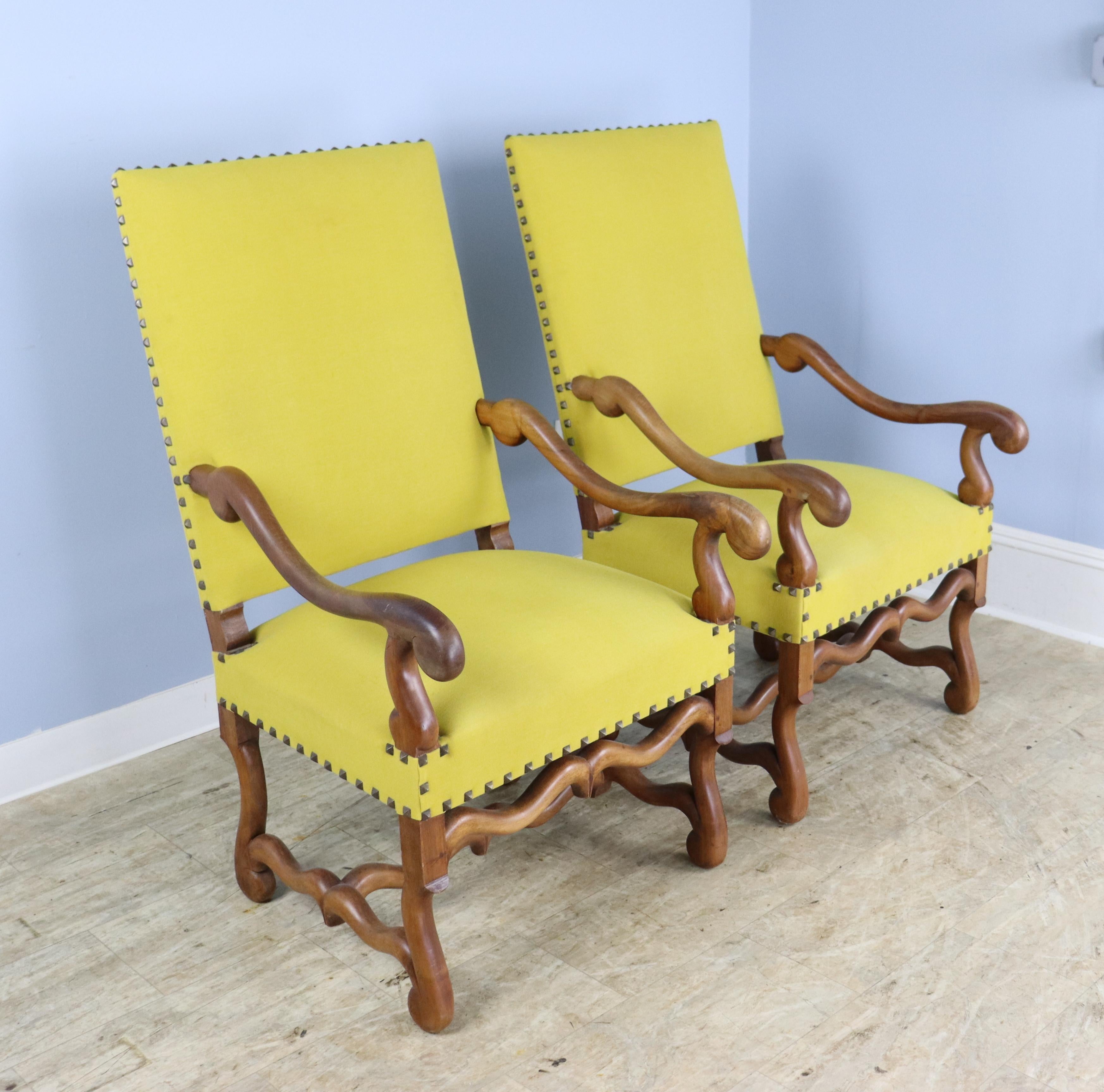 Pair of French Walnut Armchairs, New Yellow Upholstery In Good Condition For Sale In Port Chester, NY