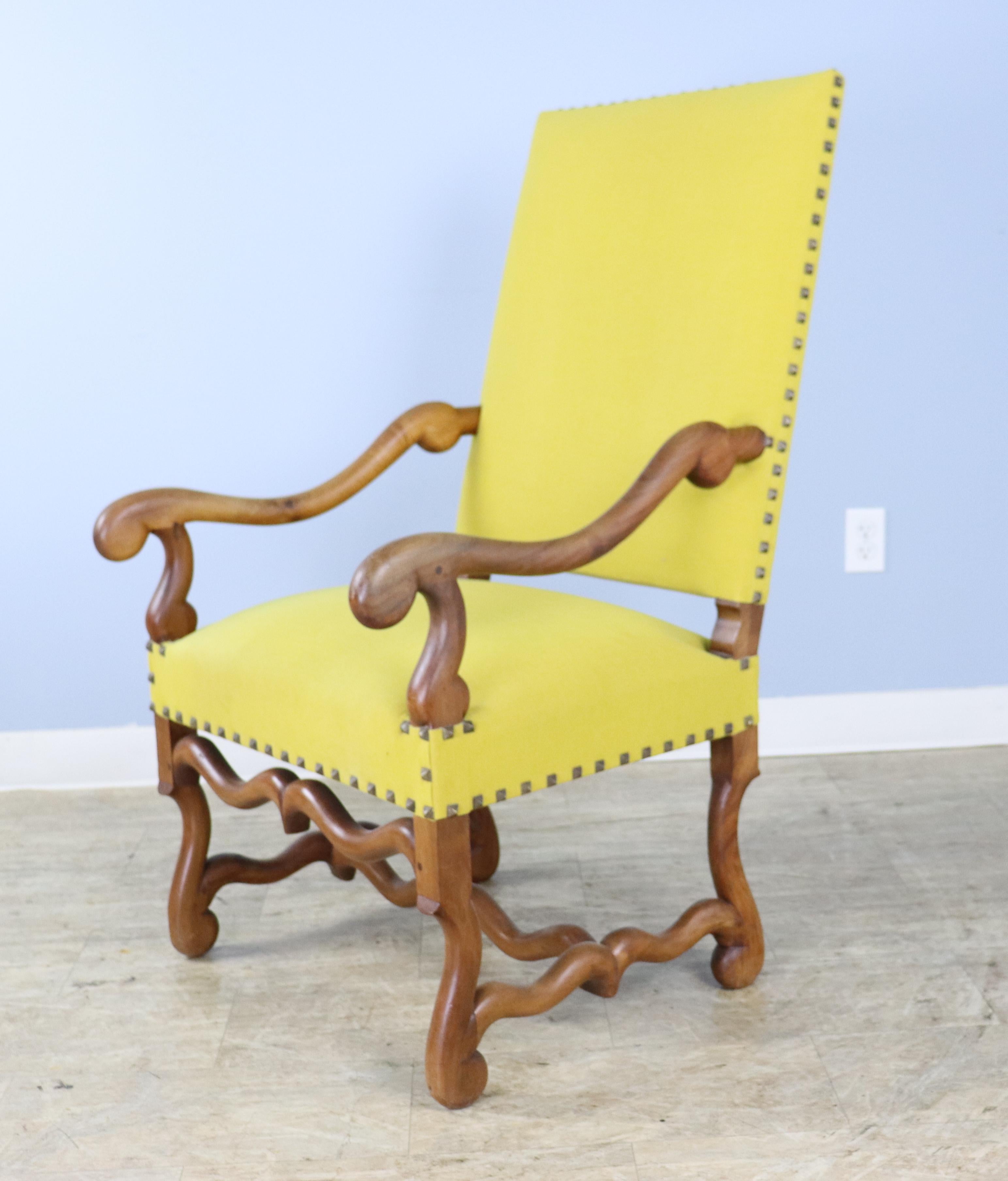 19th Century Pair of French Walnut Armchairs, New Yellow Upholstery For Sale