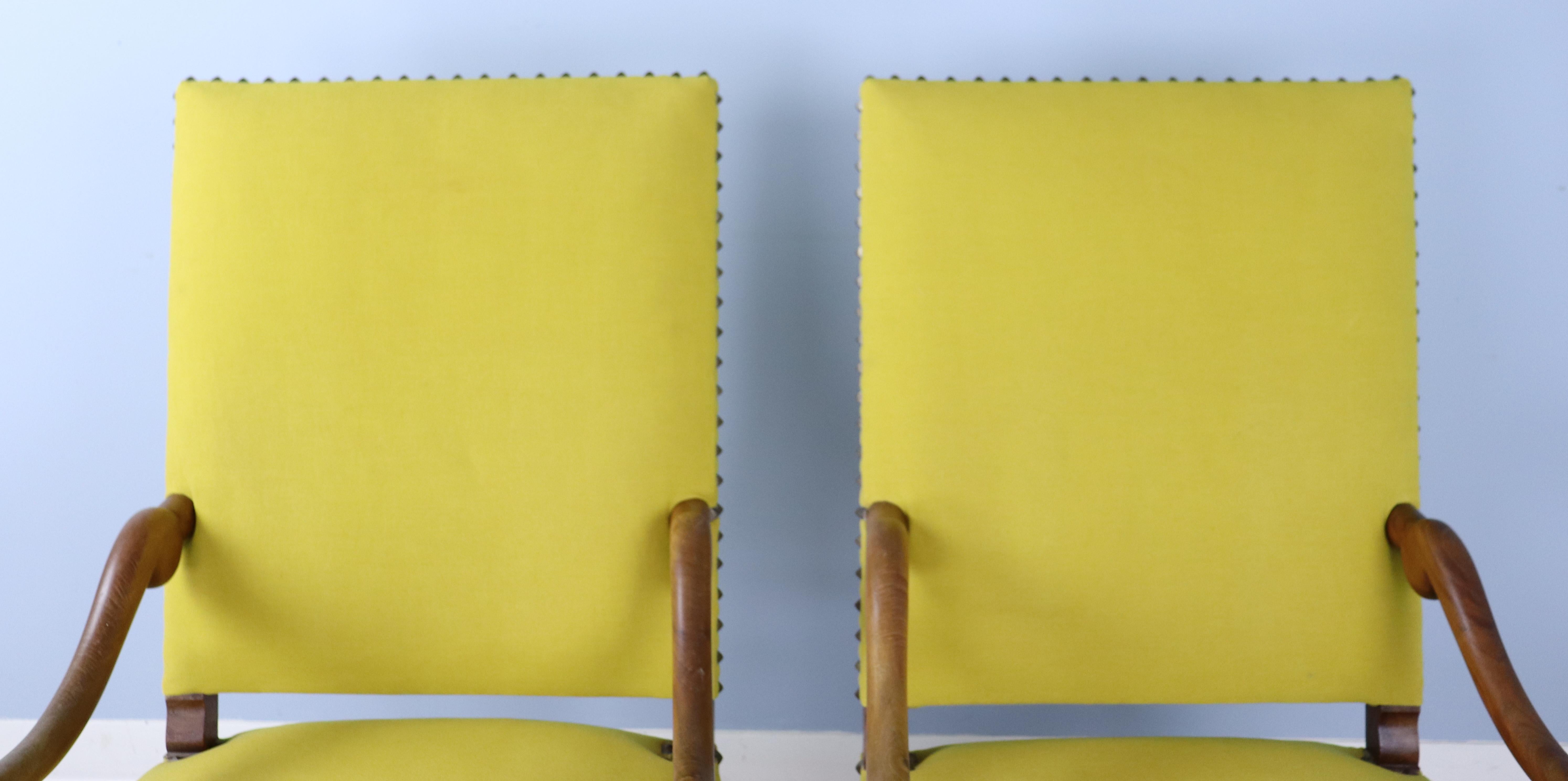 Pair of French Walnut Armchairs, New Yellow Upholstery For Sale 1