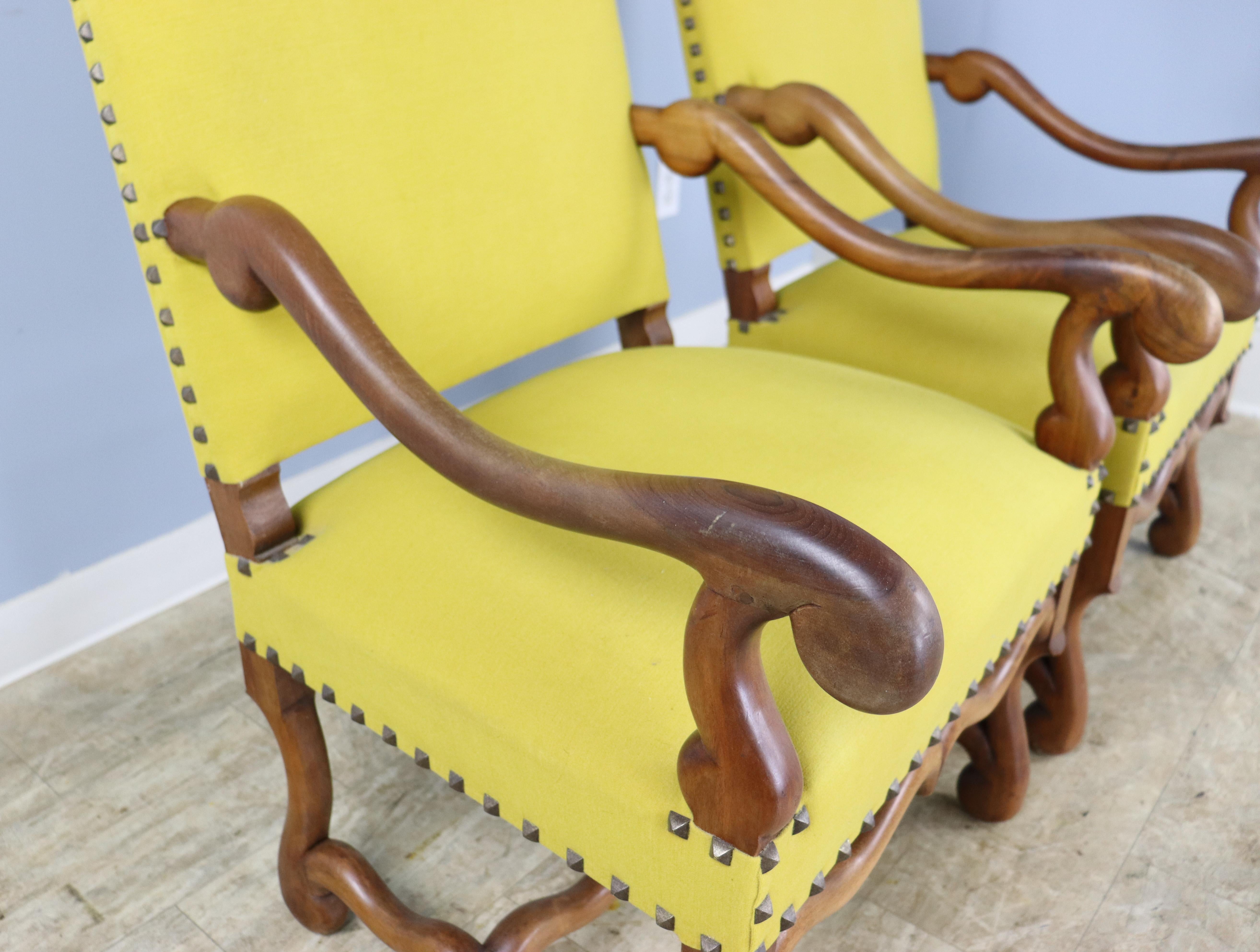 Pair of French Walnut Armchairs, New Yellow Upholstery For Sale 3