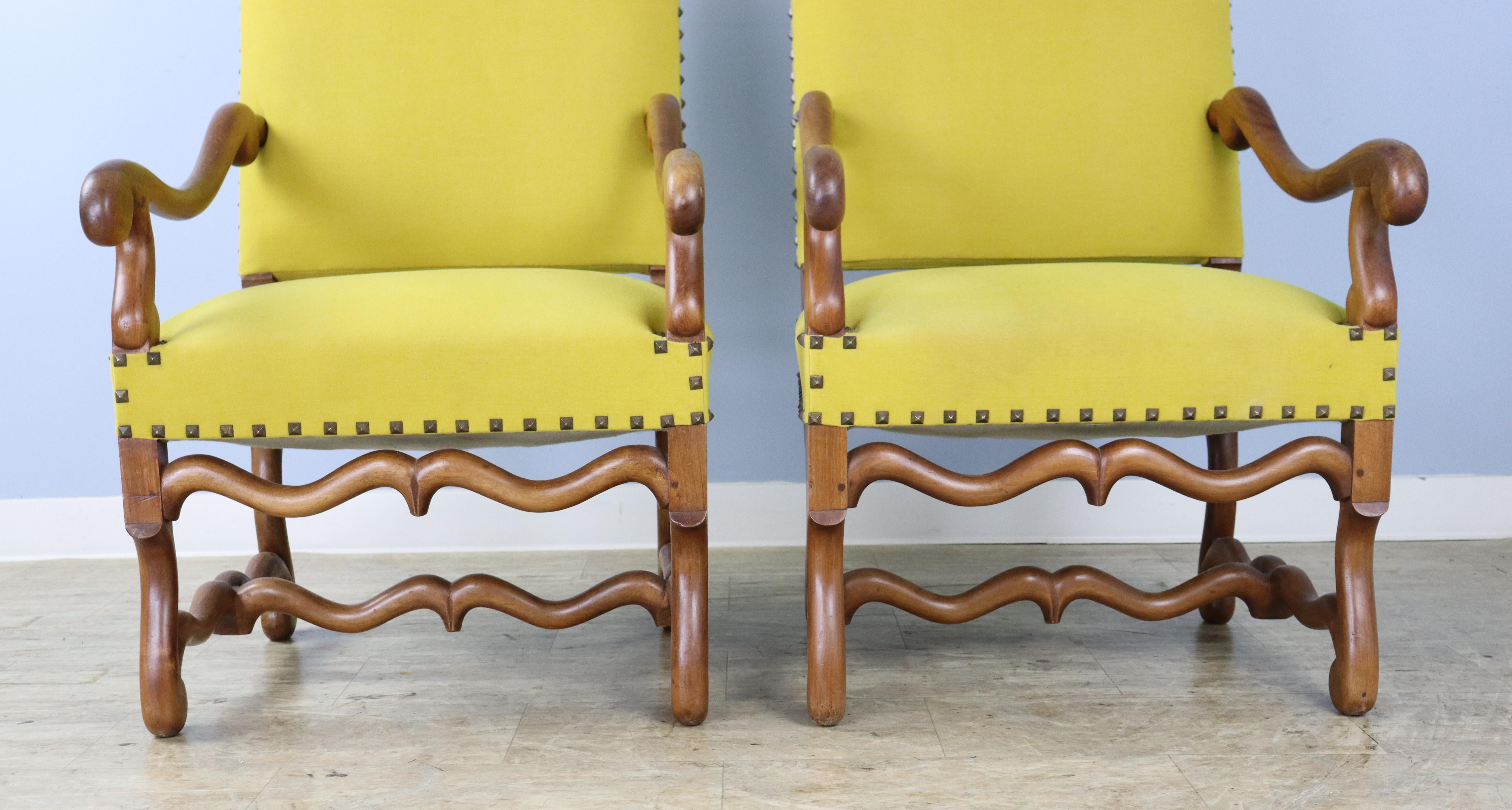 Pair of French Walnut Armchairs, New Yellow Upholstery For Sale 4