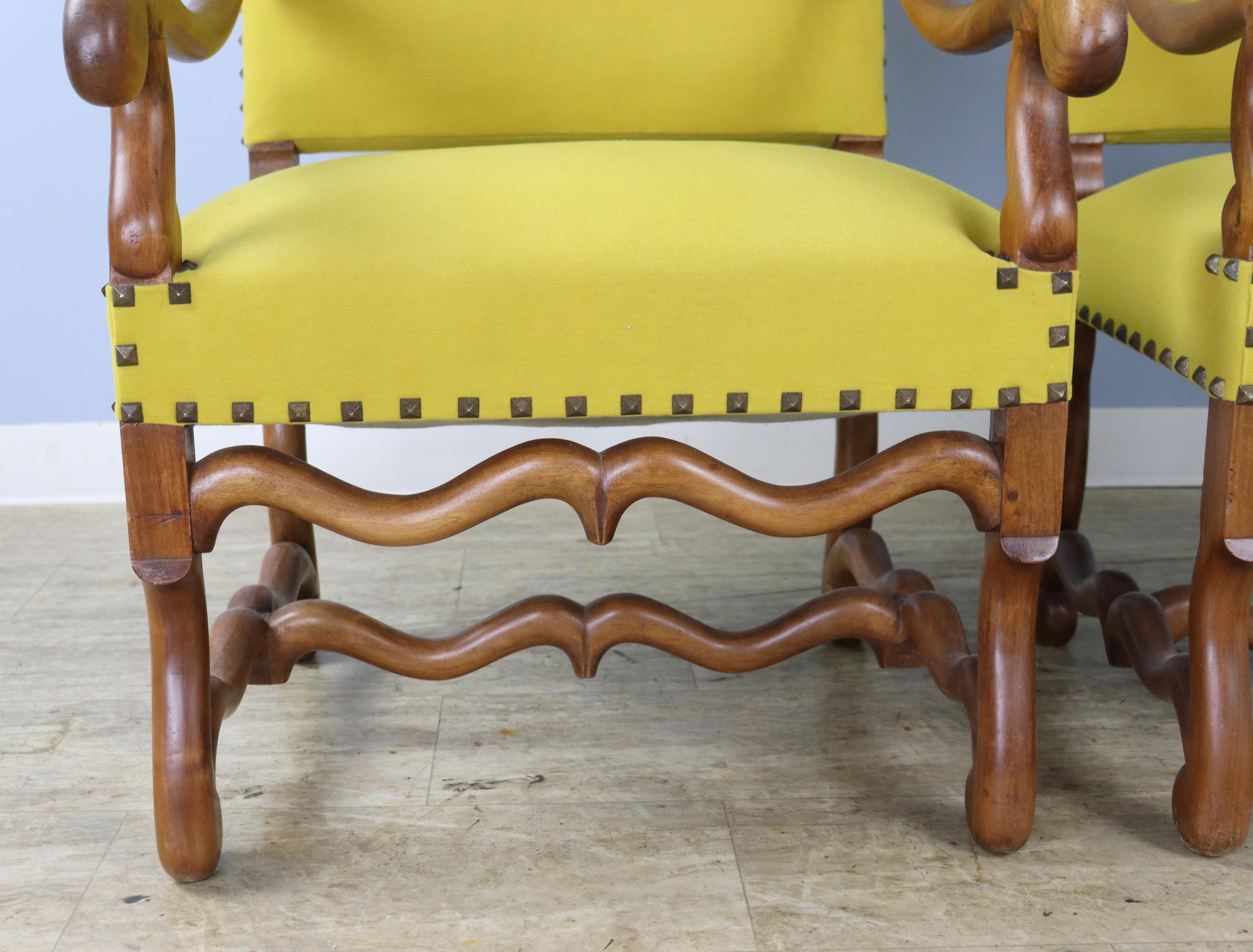 Pair of French Walnut Armchairs, New Yellow Upholstery For Sale 5