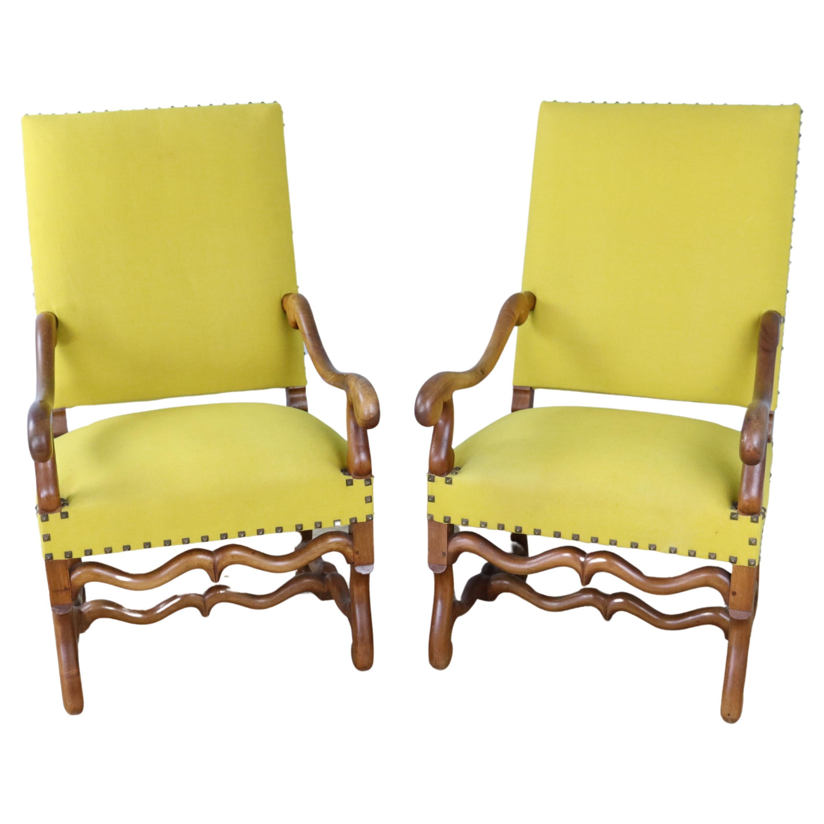Pair of French Walnut Armchairs, New Yellow Upholstery For Sale